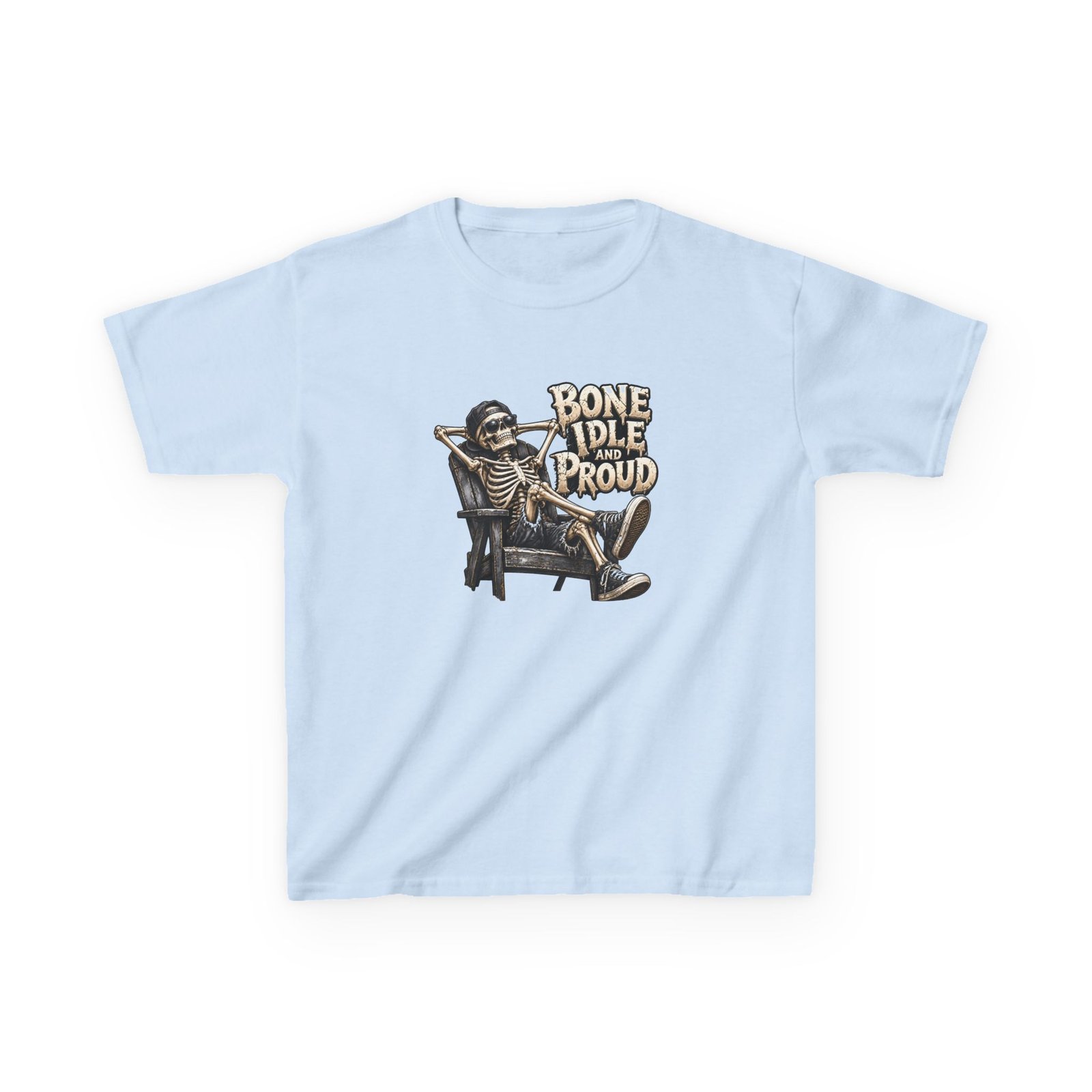 Kids Bone Idle and Proud Skeleton T-Shirt, Cool Skeleton Halloween Shirt, Kids Halloween Tee, Skeleton Chair Top - Image 3