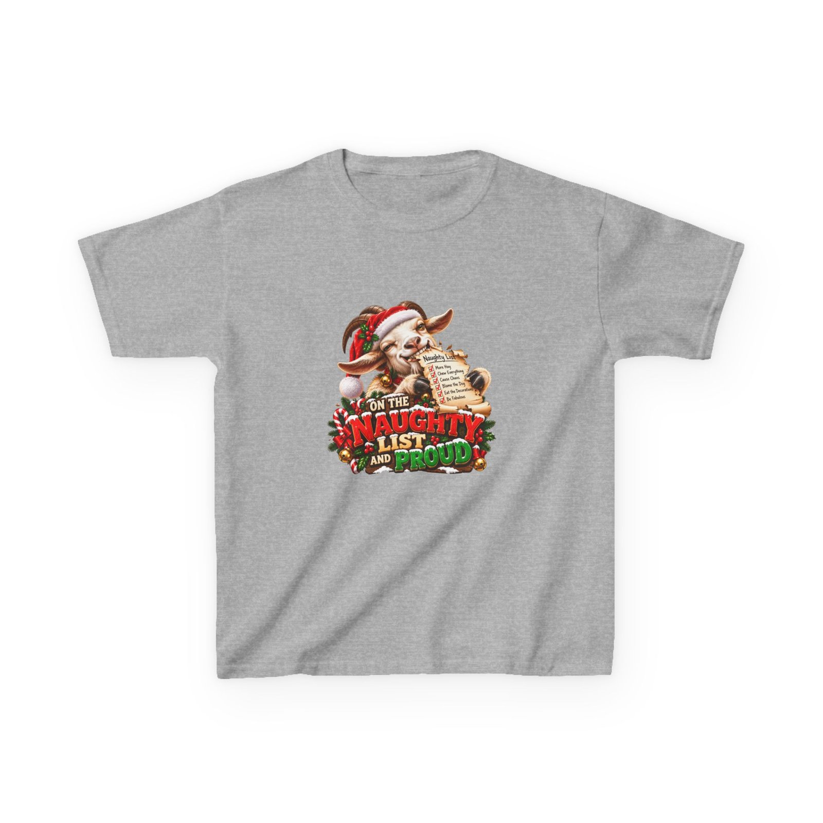 Kids On The Naughty List And Proud T-Shirt, Funny Goat Christmas Shirt, Kids Xmas Tee, Goat Lover Gift, Childrens Christmas Top - Image 2
