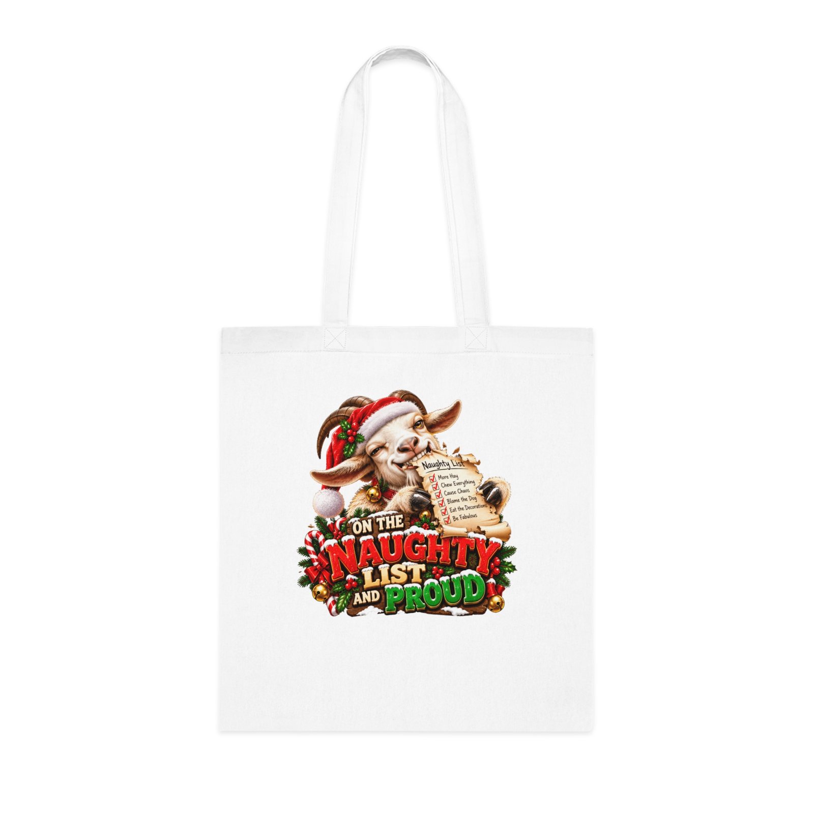 On The Naughty List And Proud Tote Bag, Funny Goat Christmas Bag, Goat Lover Gift, Xmas Shopping Bag, Christmas Gift Bag