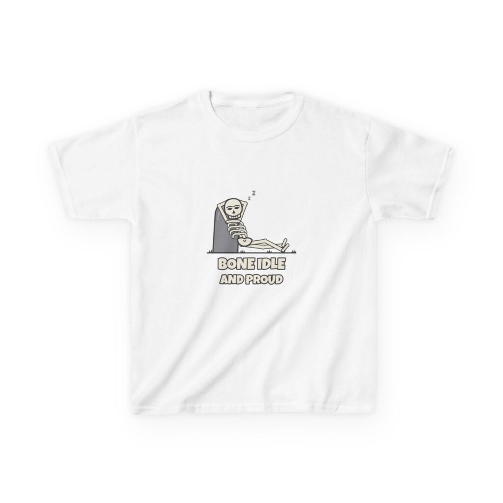 Kids Bone Idle and Proud T-Shirt, Funny Skeleton Halloween Shirt, Kids Halloween Tee, Lazy Skeleton Top, Spooky Season