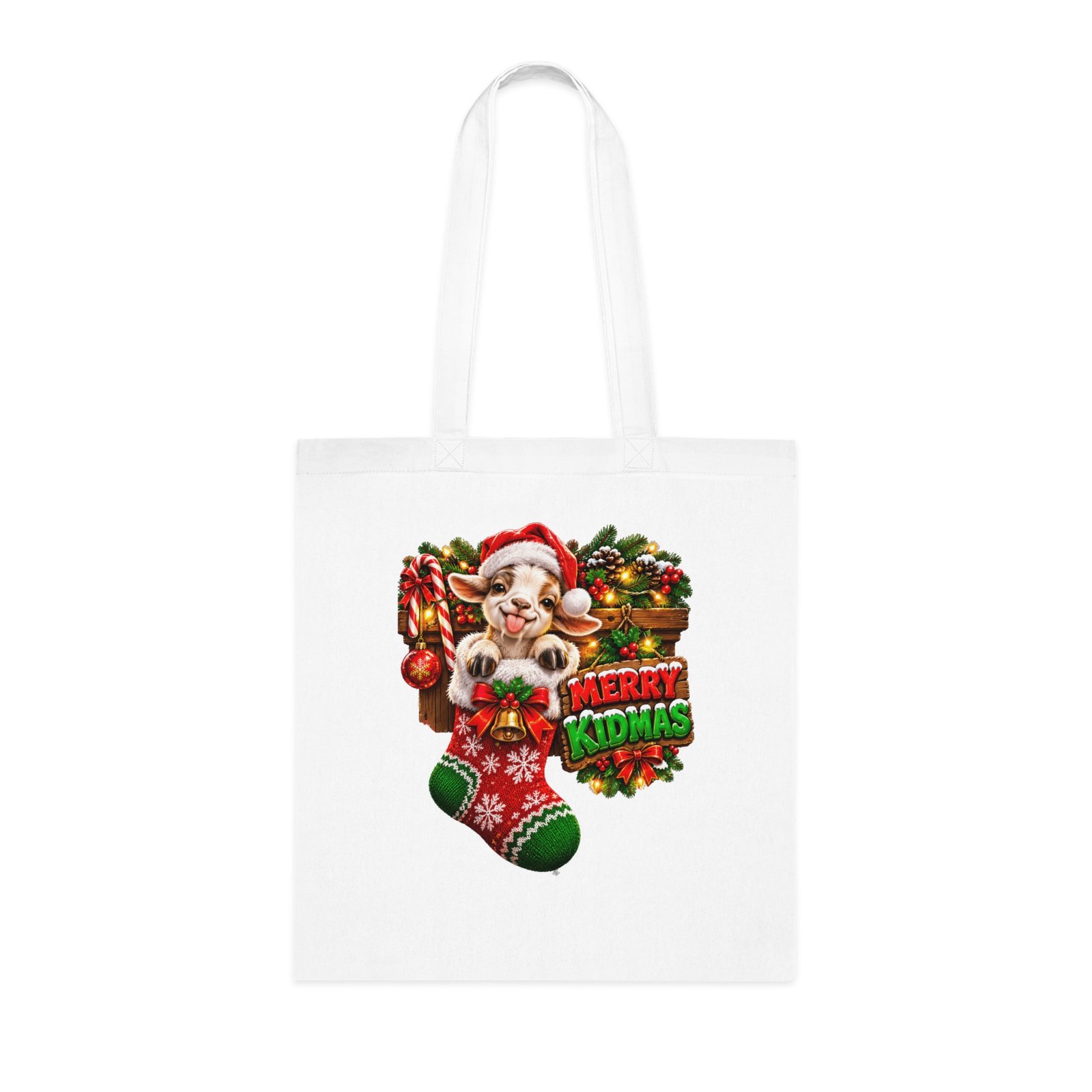 Merry Kidmas Tote Bag, Cute Baby Goat Christmas Bag, Goat Lover Gift, Xmas Shopping Bag, Christmas Gift Bag