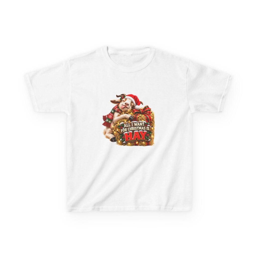 Kids All I Want for Christmas Is Hay T-Shirt, Funny Goat Christmas Shirt, Kids Xmas Tee, Goat Lover Gift, Childrens Christmas Top