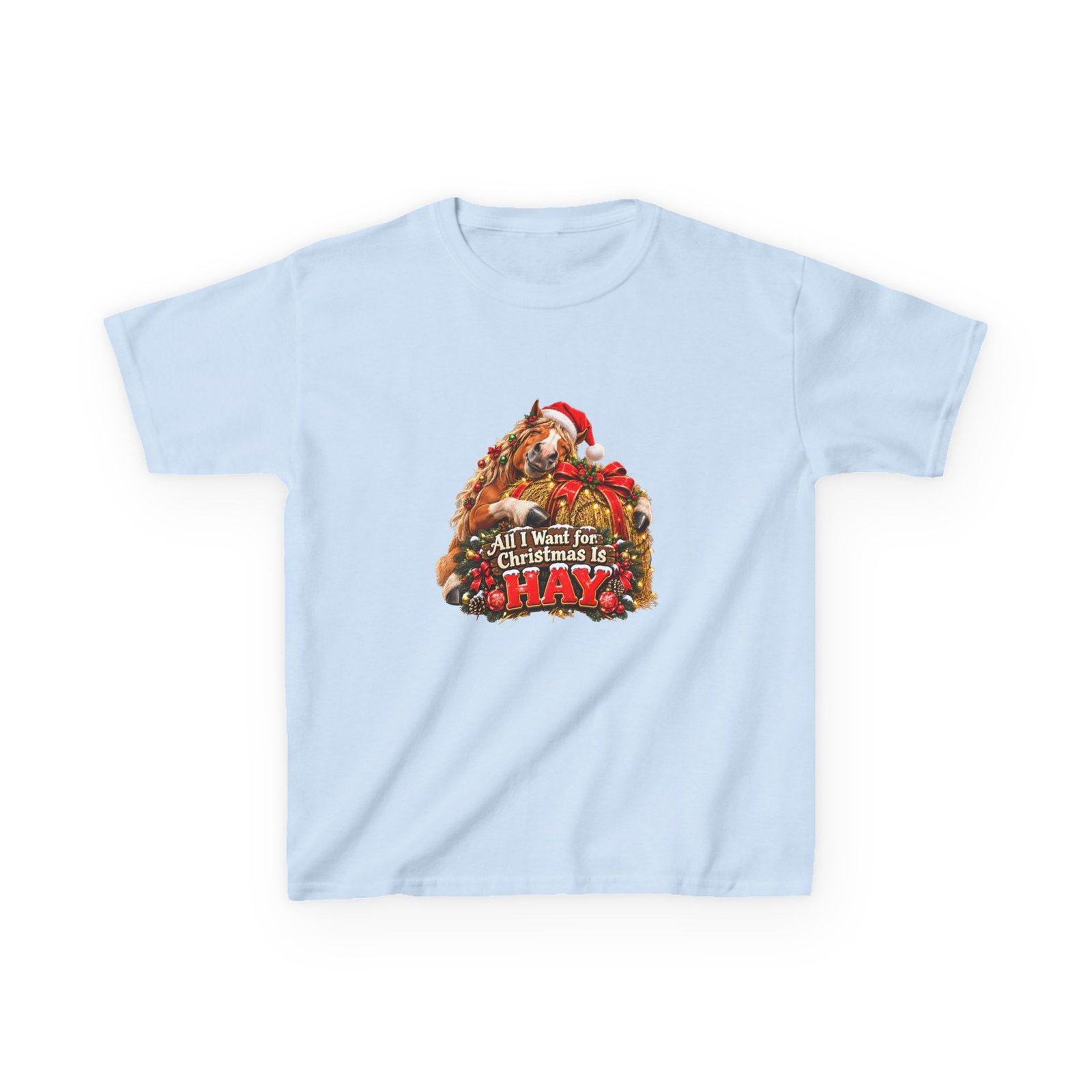 Kids All I Want for Christmas Is Hay T-Shirt, Funny Horse Christmas Shirt, Kids Xmas Tee, Horse Lover Gift, Childrens Christmas Top - Image 3