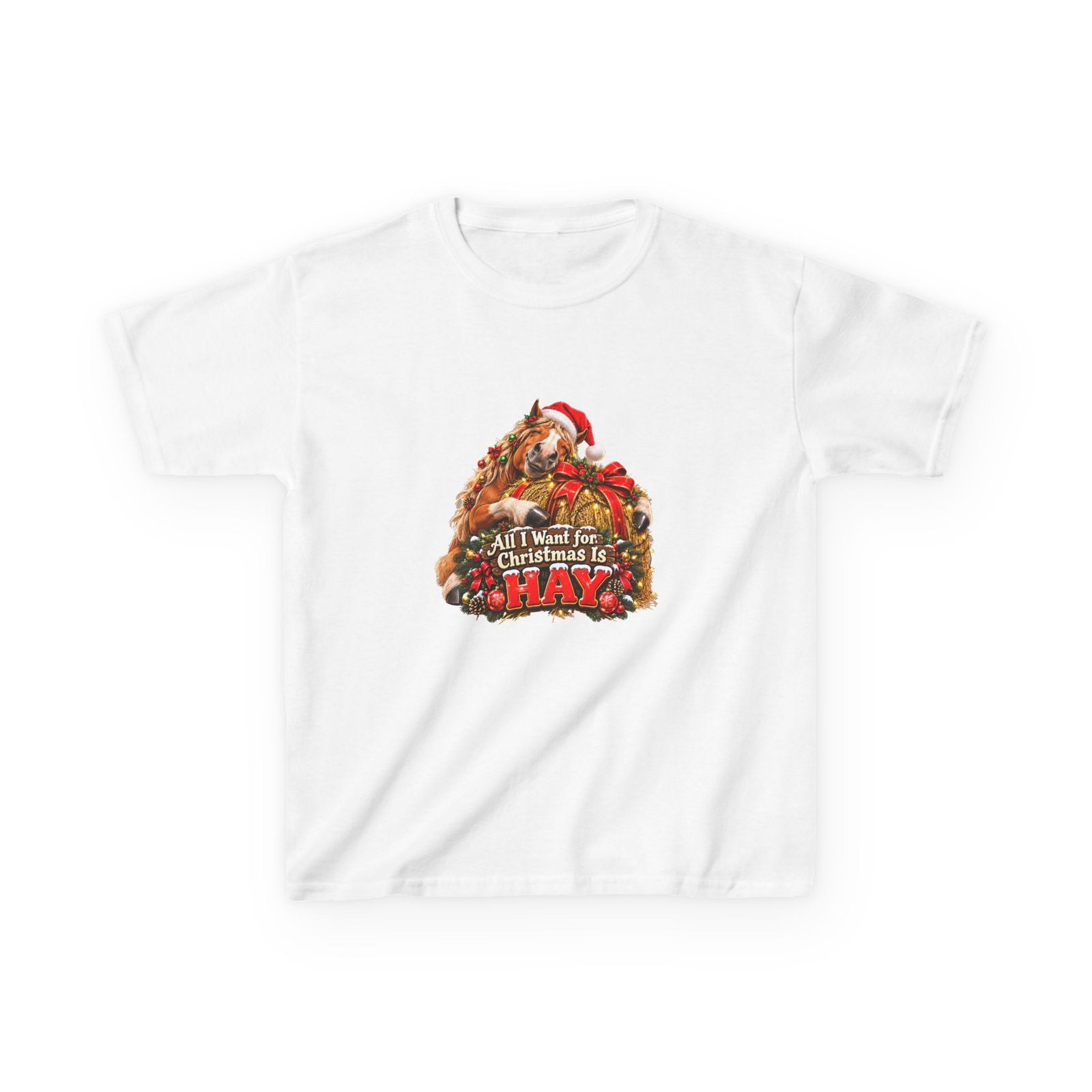 Kids All I Want for Christmas Is Hay T-Shirt, Funny Horse Christmas Shirt, Kids Xmas Tee, Horse Lover Gift, Childrens Christmas Top