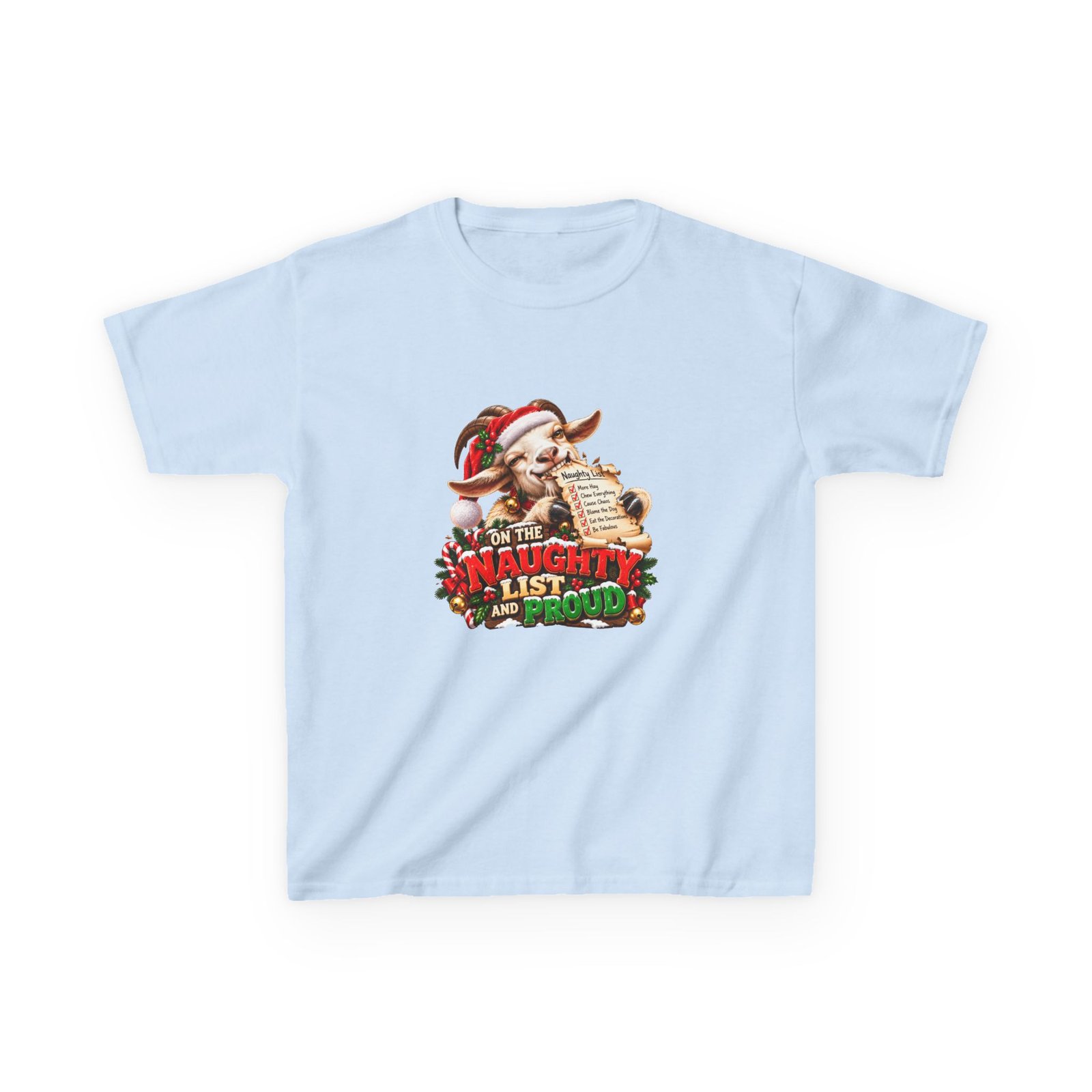 Kids On The Naughty List And Proud T-Shirt, Funny Goat Christmas Shirt, Kids Xmas Tee, Goat Lover Gift, Childrens Christmas Top - Image 3