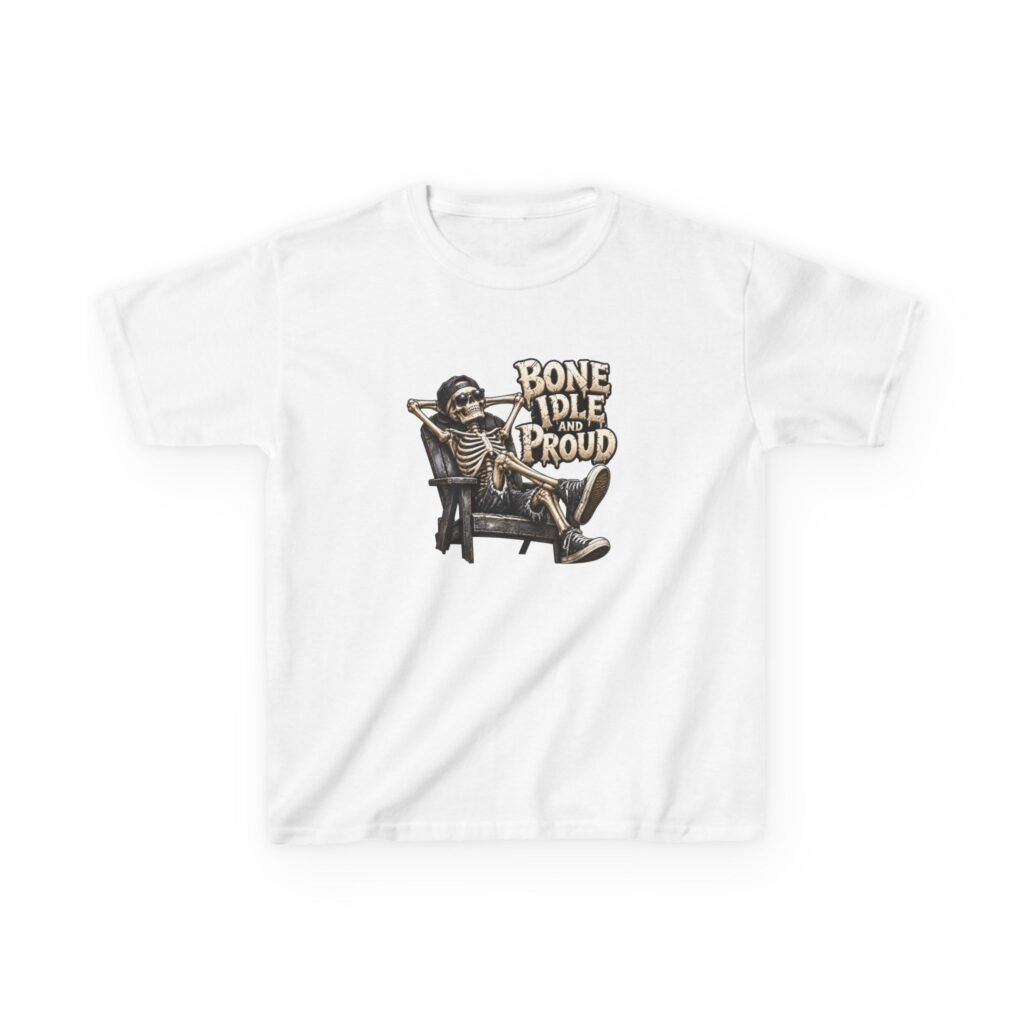Kids Bone Idle and Proud Skeleton T-Shirt, Cool Skeleton Halloween Shirt, Kids Halloween Tee, Skeleton Chair Top