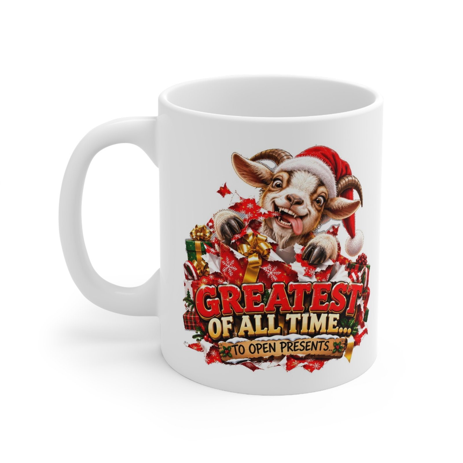GOAT Greatest Of All Time To Open Presents Mug, Funny Goat Christmas Mug, Goat Lover Gift, Xmas Coffee Mug, Secret Santa Gift 11oz