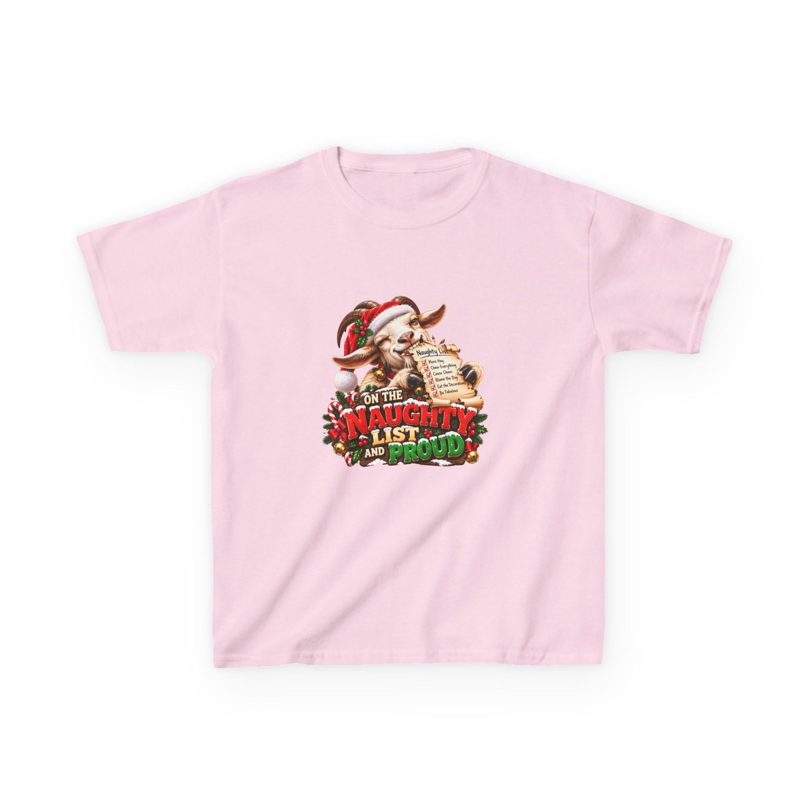 Kids On The Naughty List And Proud T-Shirt, Funny Goat Christmas Shirt, Kids Xmas Tee, Goat Lover Gift, Childrens Christmas Top - Image 4