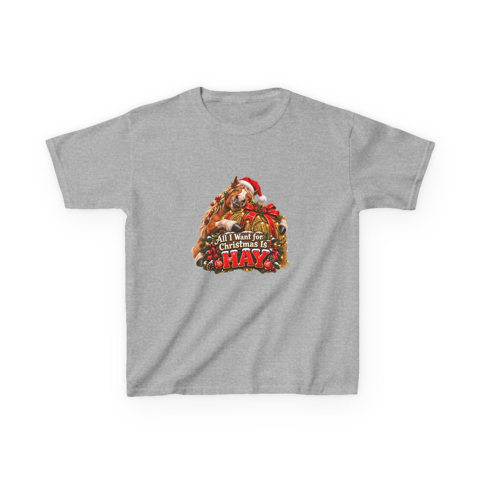 Kids All I Want for Christmas Is Hay T-Shirt, Funny Horse Christmas Shirt, Kids Xmas Tee, Horse Lover Gift, Childrens Christmas Top - Image 2
