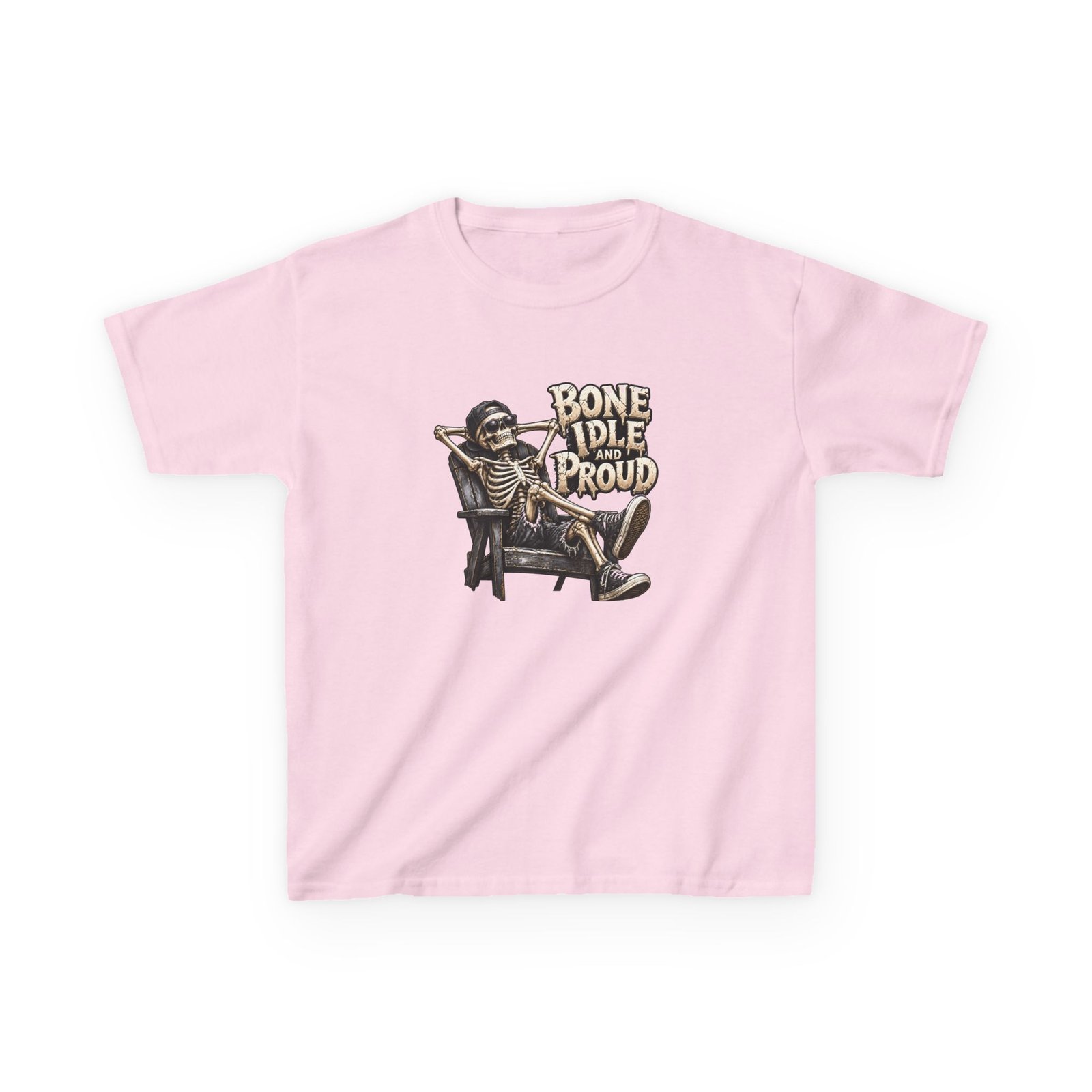 Kids Bone Idle and Proud Skeleton T-Shirt, Cool Skeleton Halloween Shirt, Kids Halloween Tee, Skeleton Chair Top - Image 4