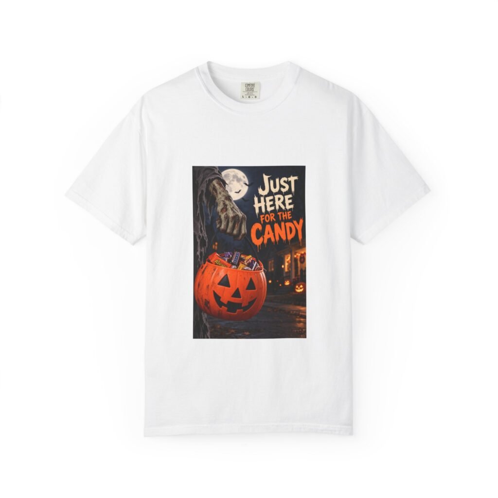 Just Here for the Candy T-Shirt, Zombie Hand Halloween Shirt, Trick or Treat Tee, Pumpkin Candy Bucket Shirt, Spooky Season