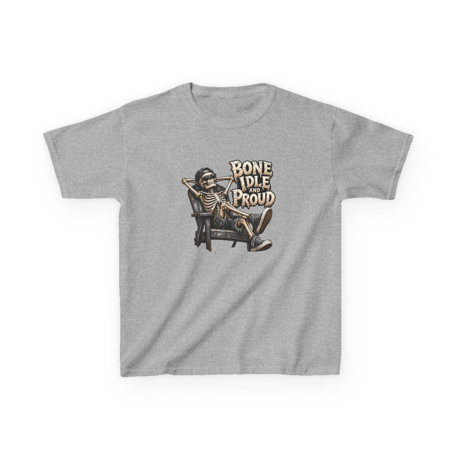 Kids Bone Idle and Proud Skeleton T-Shirt, Cool Skeleton Halloween Shirt, Kids Halloween Tee, Skeleton Chair Top - Image 2