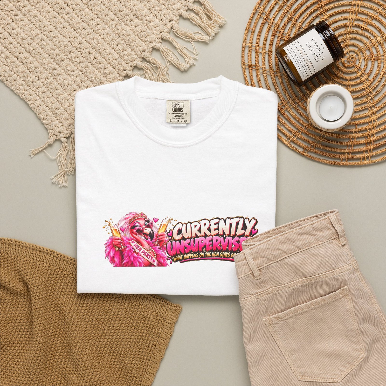 Currently Unsupervised Hen Party T-Shirt, What Happens On The Hen Stays On The Hen, Funny Hen Do Shirt, Flamingo Tee - Image 4