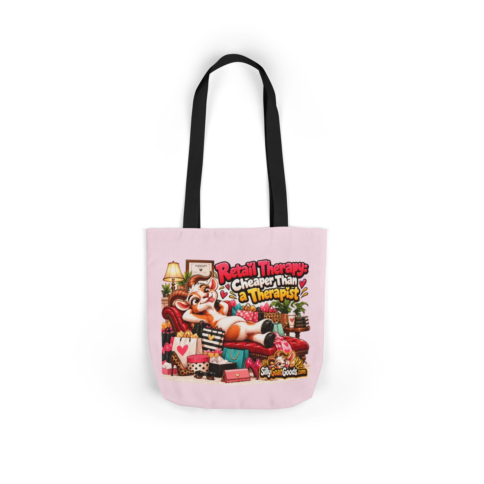 Retail Therapy: Cheaper Than a Therapist Canvas Tote Bag, Funny Goat Coloured Strap Tote, Shopaholic Gift, Gift for Her - Image 4