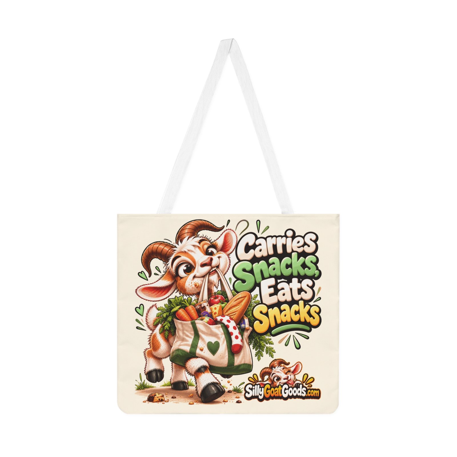 Carries Snacks, Eats Snacks Shoulder Tote Bag, Funny Goat All Over Print Cotton Bag, Snack Lover Gift, Gift for Her - Image 2