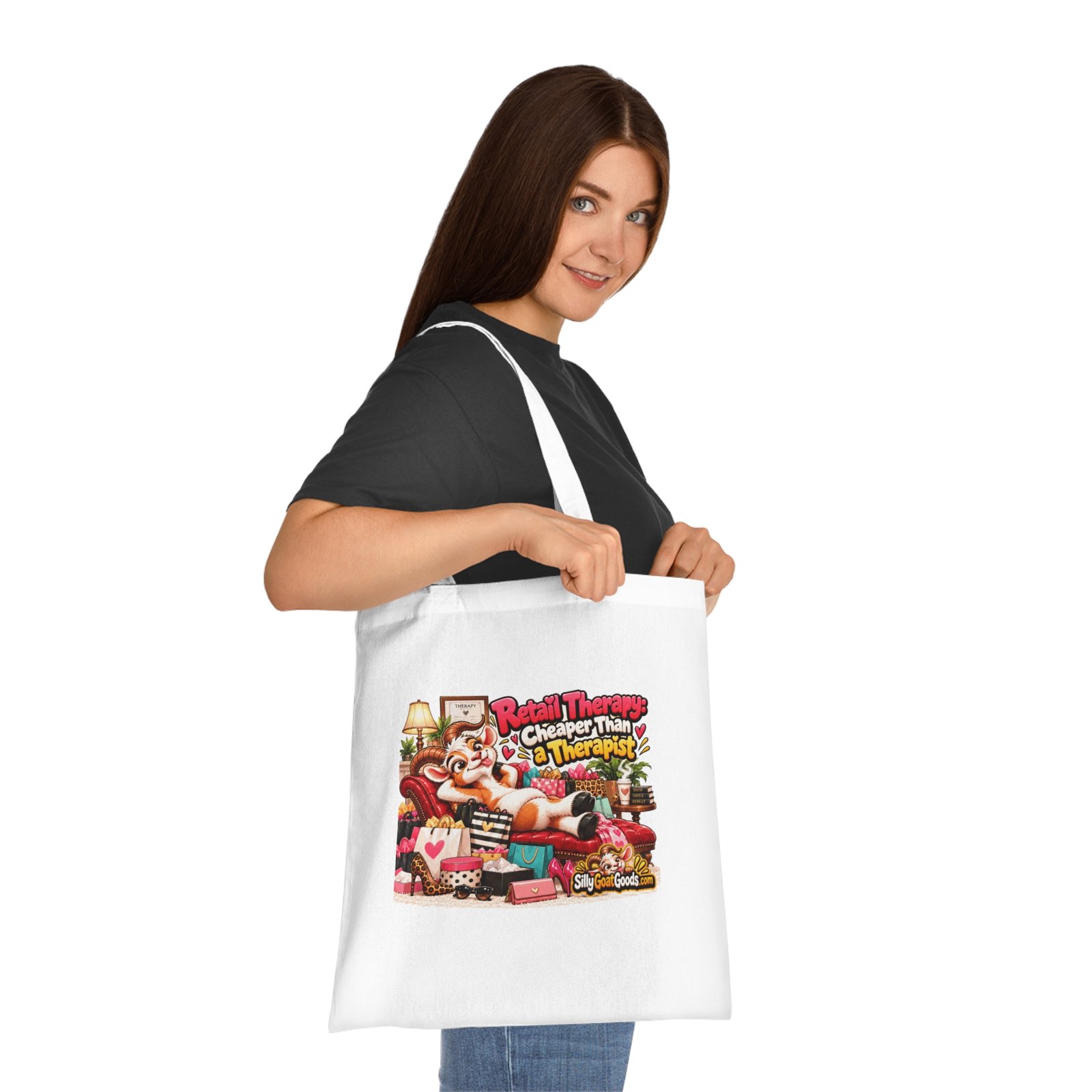 Retail Therapy: Cheaper Than a Therapist Tote Bag, Funny Goat Cotton Shopping Bag, Shopaholic Gift, Gift for Her - Image 2
