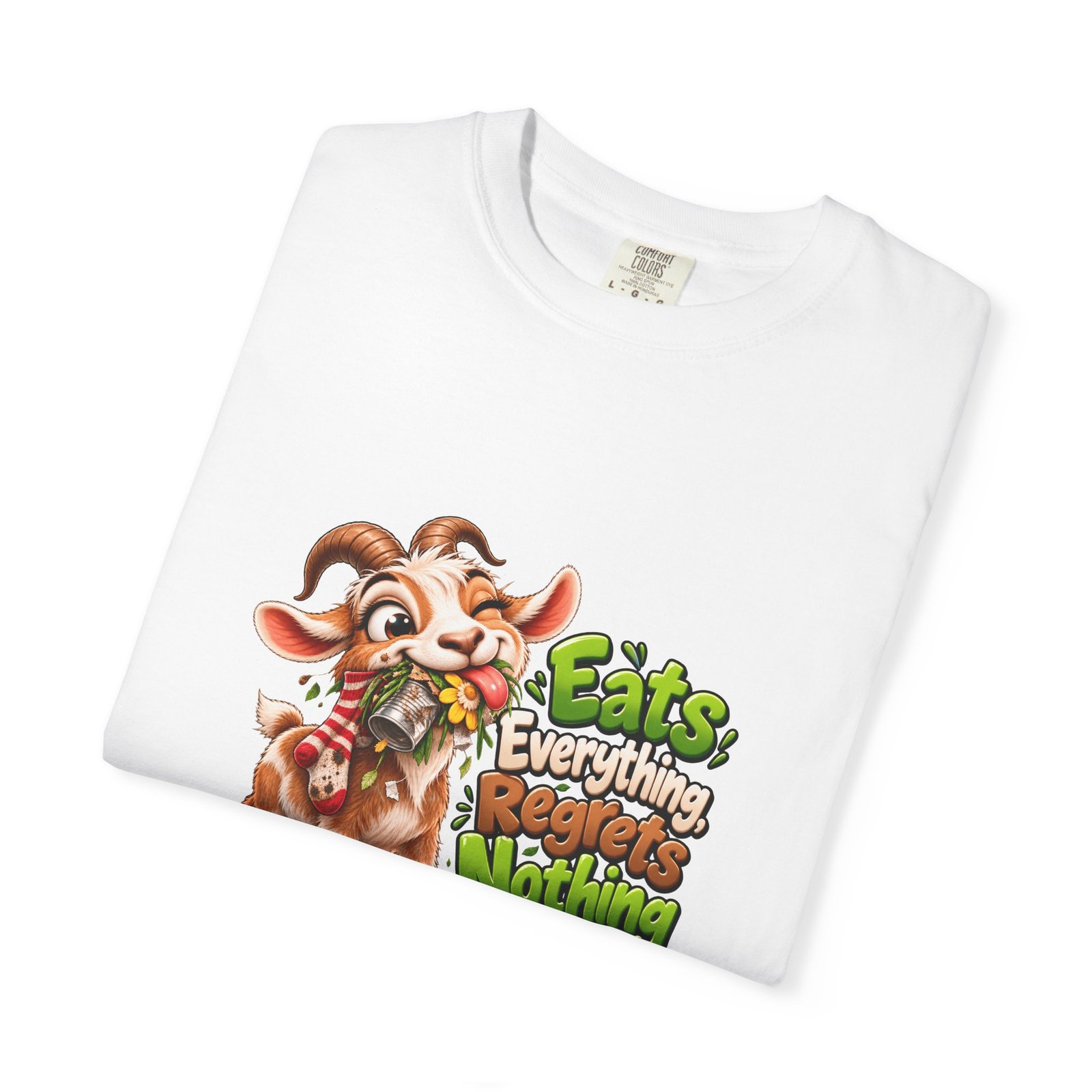 Eats Everything Regrets Nothing T-Shirt, Funny Goat Shirt, Foodie Tee, Goat Lover Gift, Funny Food Shirt, Gift for Him or Her - Image 3