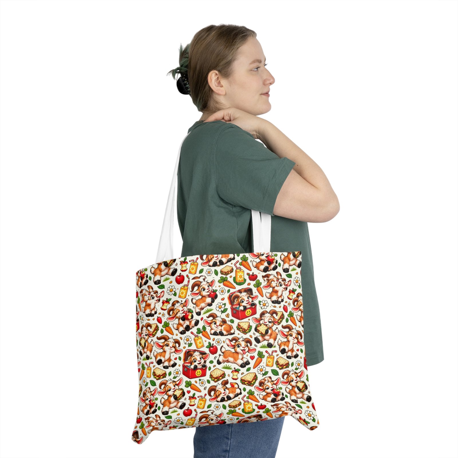 Goat Lunch Pattern Shoulder Tote Bag, Funny Goat All Over Print Cotton Bag, Snack Lover Gift, Gift for Her - Image 3