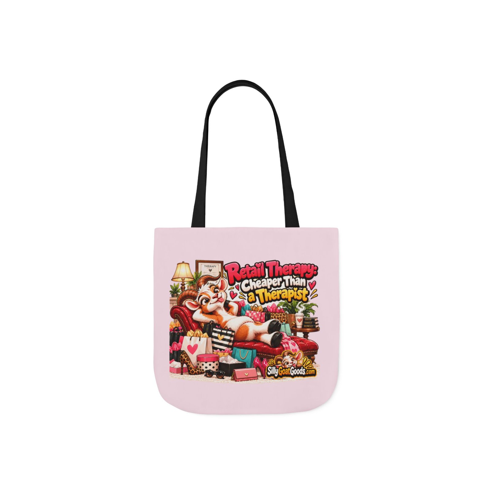 Retail Therapy: Cheaper Than a Therapist Canvas Tote Bag, Funny Goat Coloured Strap Tote, Shopaholic Gift, Gift for Her - Image 3