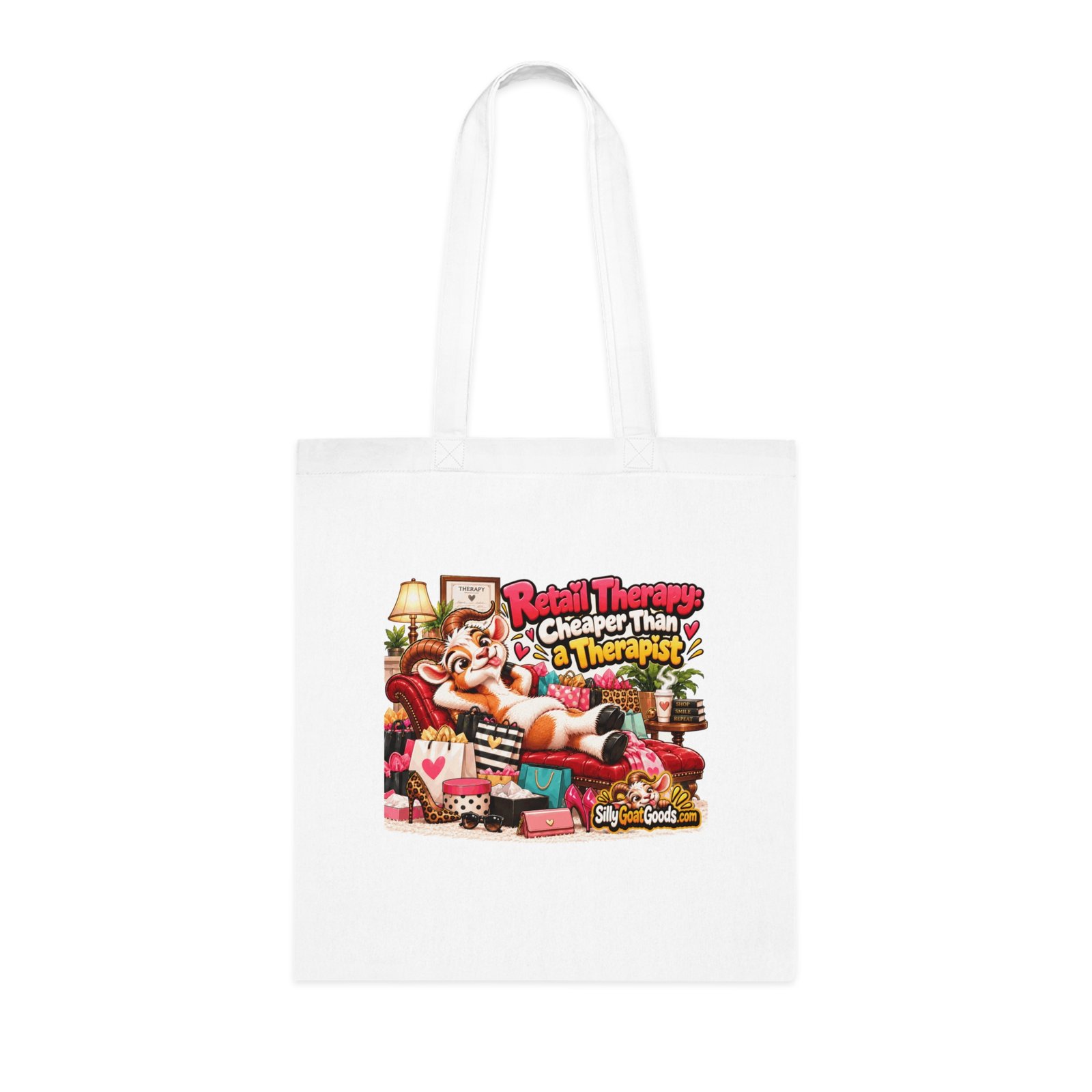 Retail Therapy: Cheaper Than a Therapist Tote Bag, Funny Goat Cotton Shopping Bag, Shopaholic Gift, Gift for Her