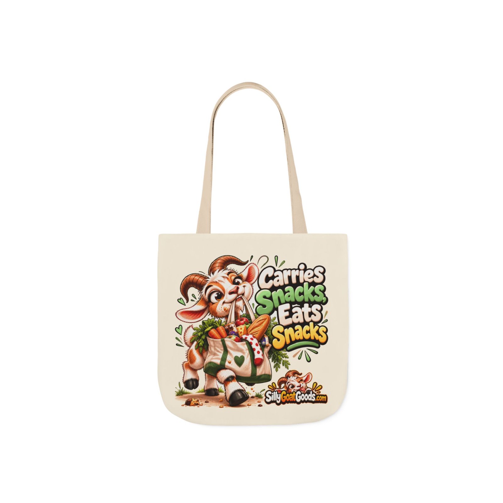 Carries Snacks, Eats Snacks Canvas Tote Bag, Funny Goat Coloured Strap Tote, Snack Lover Gift, Gift for Her