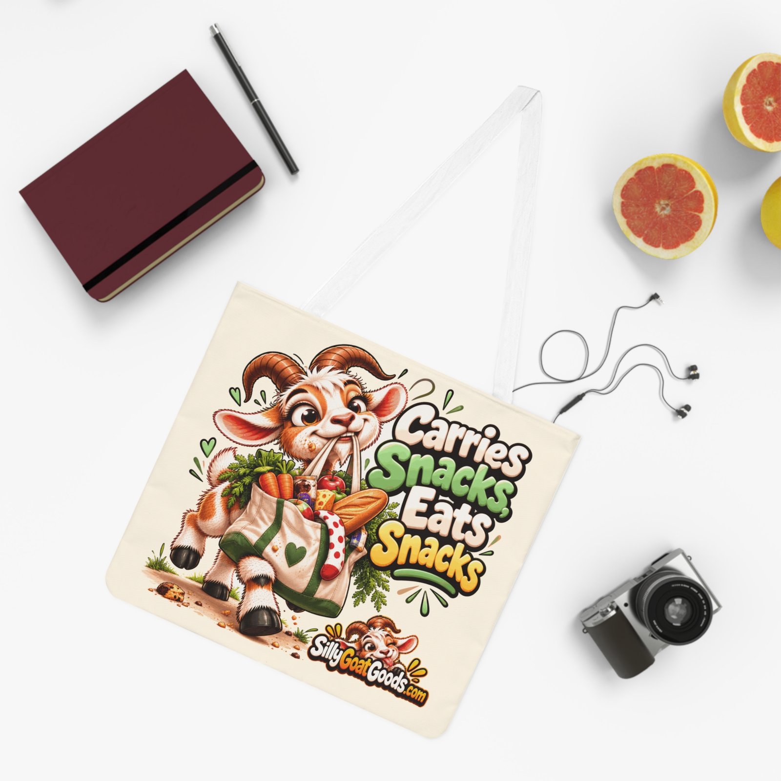 Carries Snacks, Eats Snacks Shoulder Tote Bag, Funny Goat All Over Print Cotton Bag, Snack Lover Gift, Gift for Her - Image 4