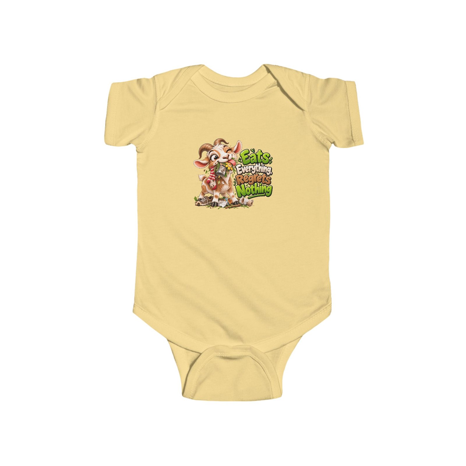 Eats Everything Regrets Nothing Baby Bodysuit, Funny Goat Baby Vest, Hungry Baby Grow, Baby Shower Gift, Funny Babywear - Image 3