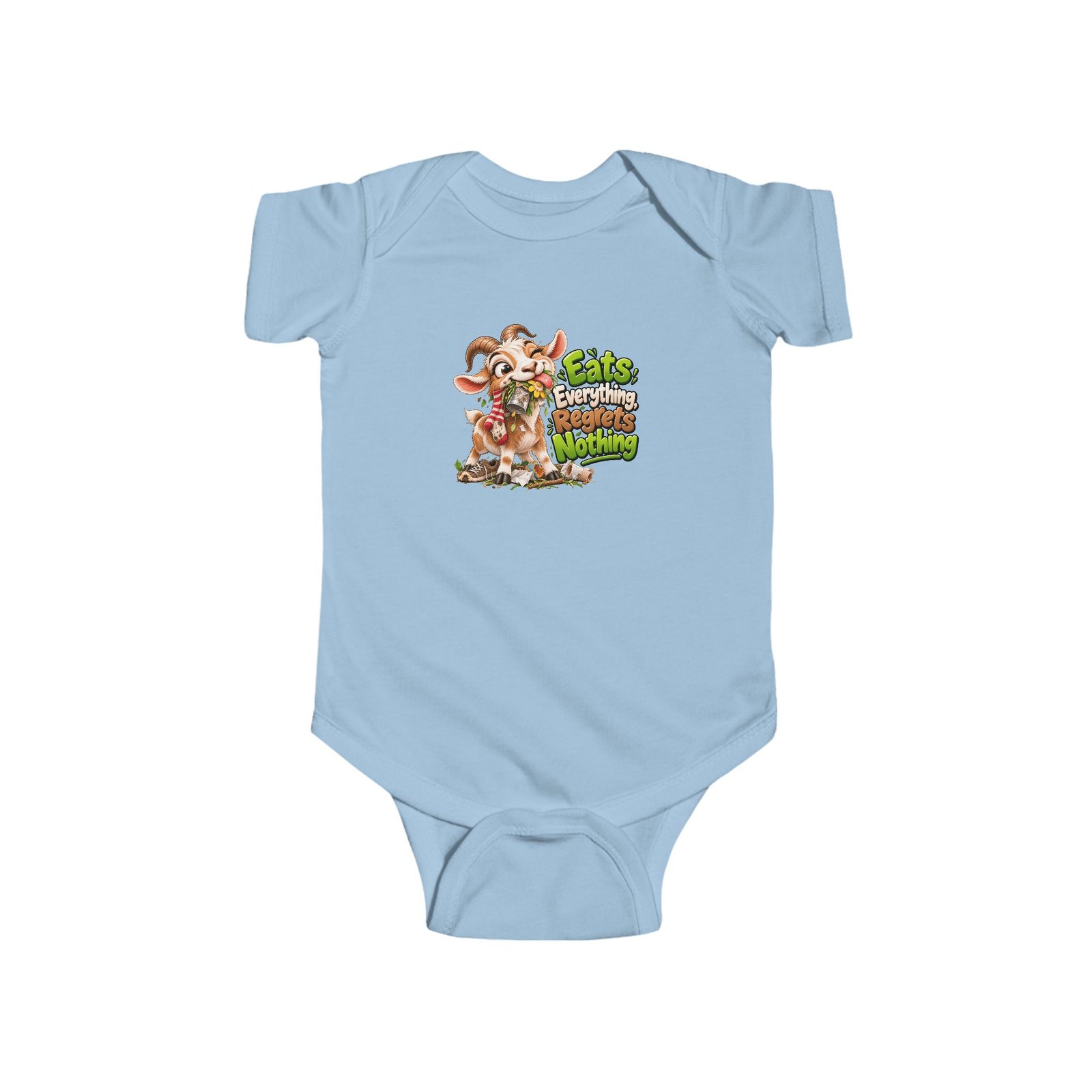 Eats Everything Regrets Nothing Baby Bodysuit, Funny Goat Baby Vest, Hungry Baby Grow, Baby Shower Gift, Funny Babywear - Image 4