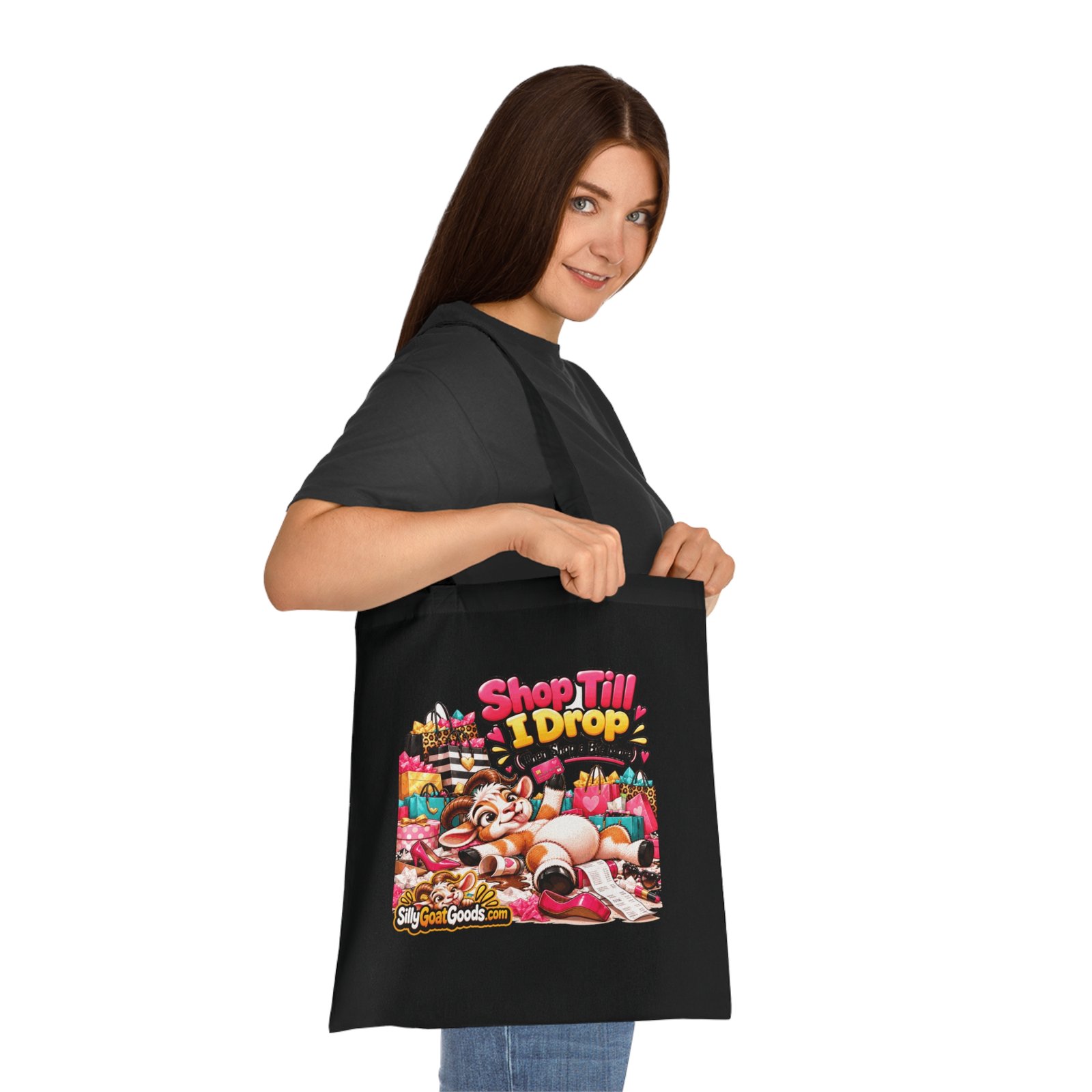 Shop Till I Drop (Then Shop a Bit More) Tote Bag, Funny Goat Cotton Shopping Bag, Shopaholic Gift, Gift for Her - Image 8