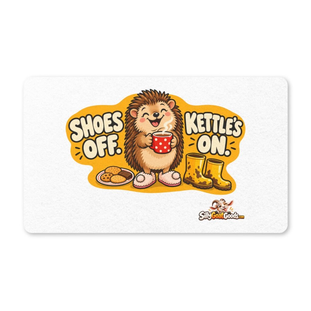 Shoes Off Kettles On Doormat, Cute Hedgehog Welcome Mat, British Tea Lover Gift, Front Door Mat, New Home Housewarming Gift