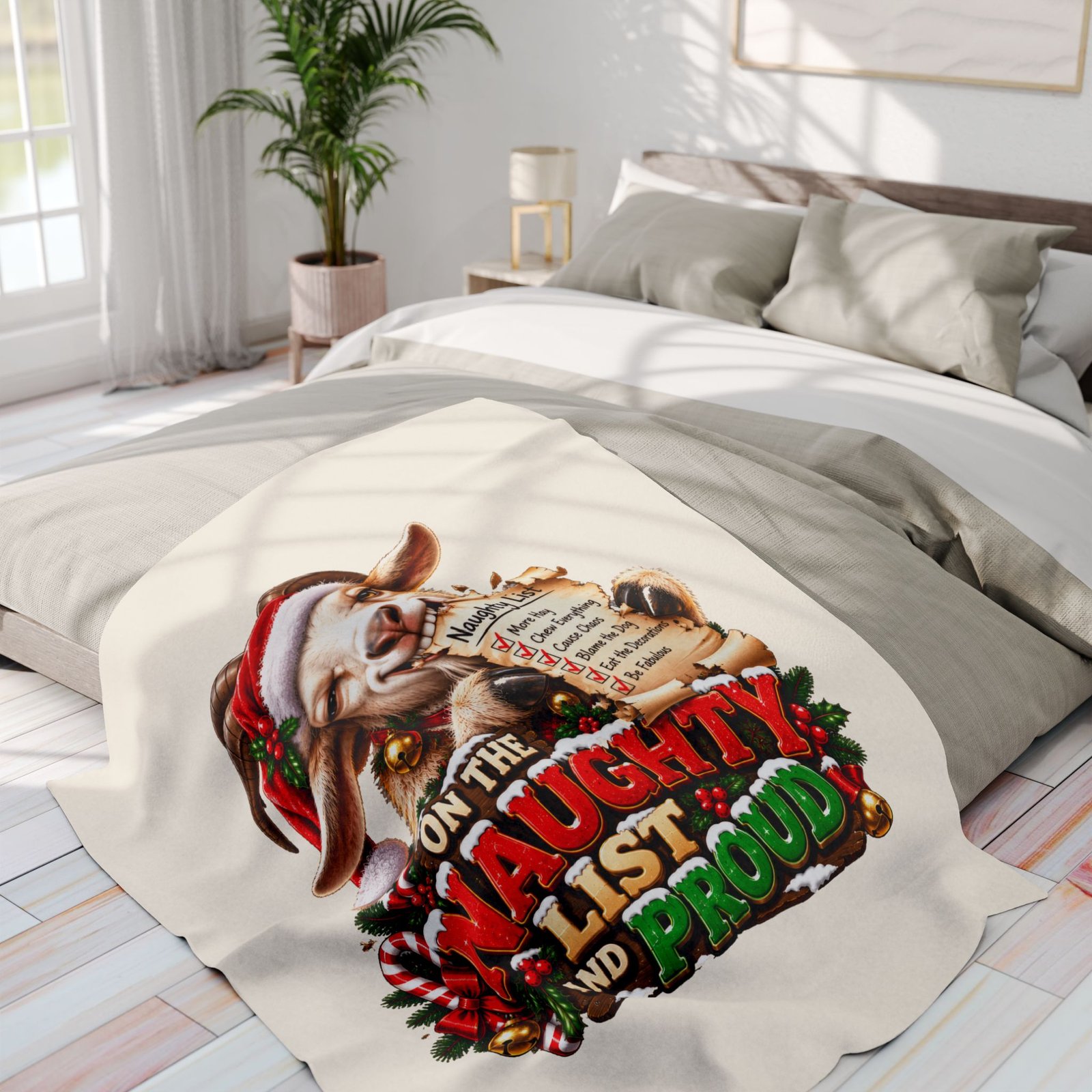 On The Naughty List And Proud Christmas Blanket, Funny Goat Fleece Throw, Festive Sofa Blanket, Christmas Gift, Goat Lover Gift - Image 12