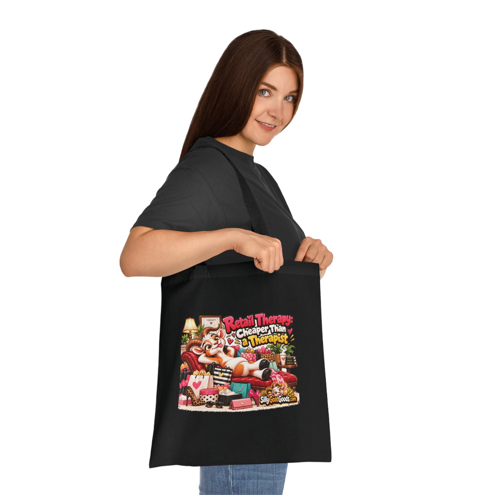 Retail Therapy: Cheaper Than a Therapist Tote Bag, Funny Goat Cotton Shopping Bag, Shopaholic Gift, Gift for Her - Image 8