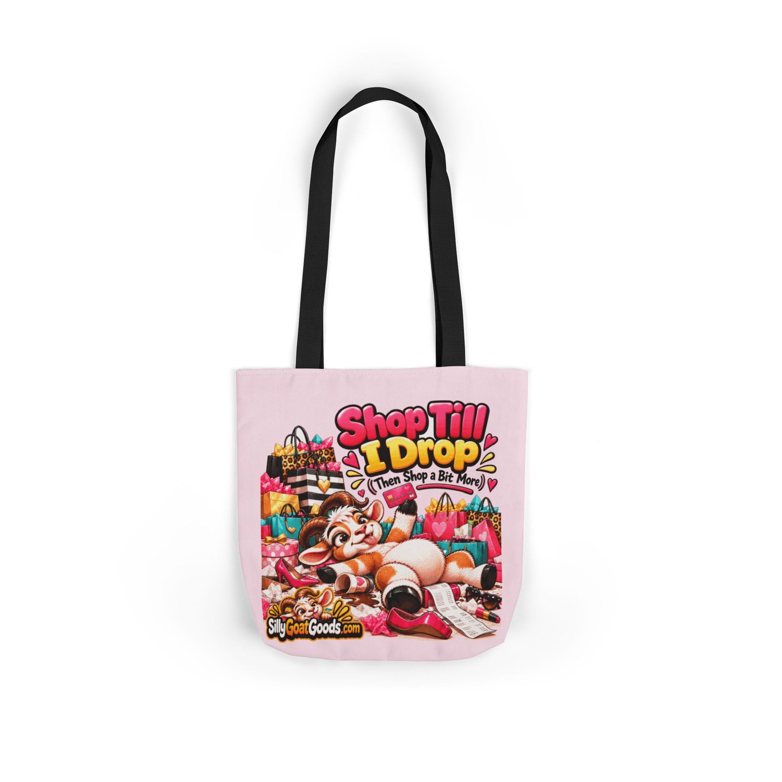 Shop Till I Drop (Then Shop a Bit More) Canvas Tote Bag, Funny Goat Coloured Strap Tote, Shopaholic Gift, Gift for Her - Image 4