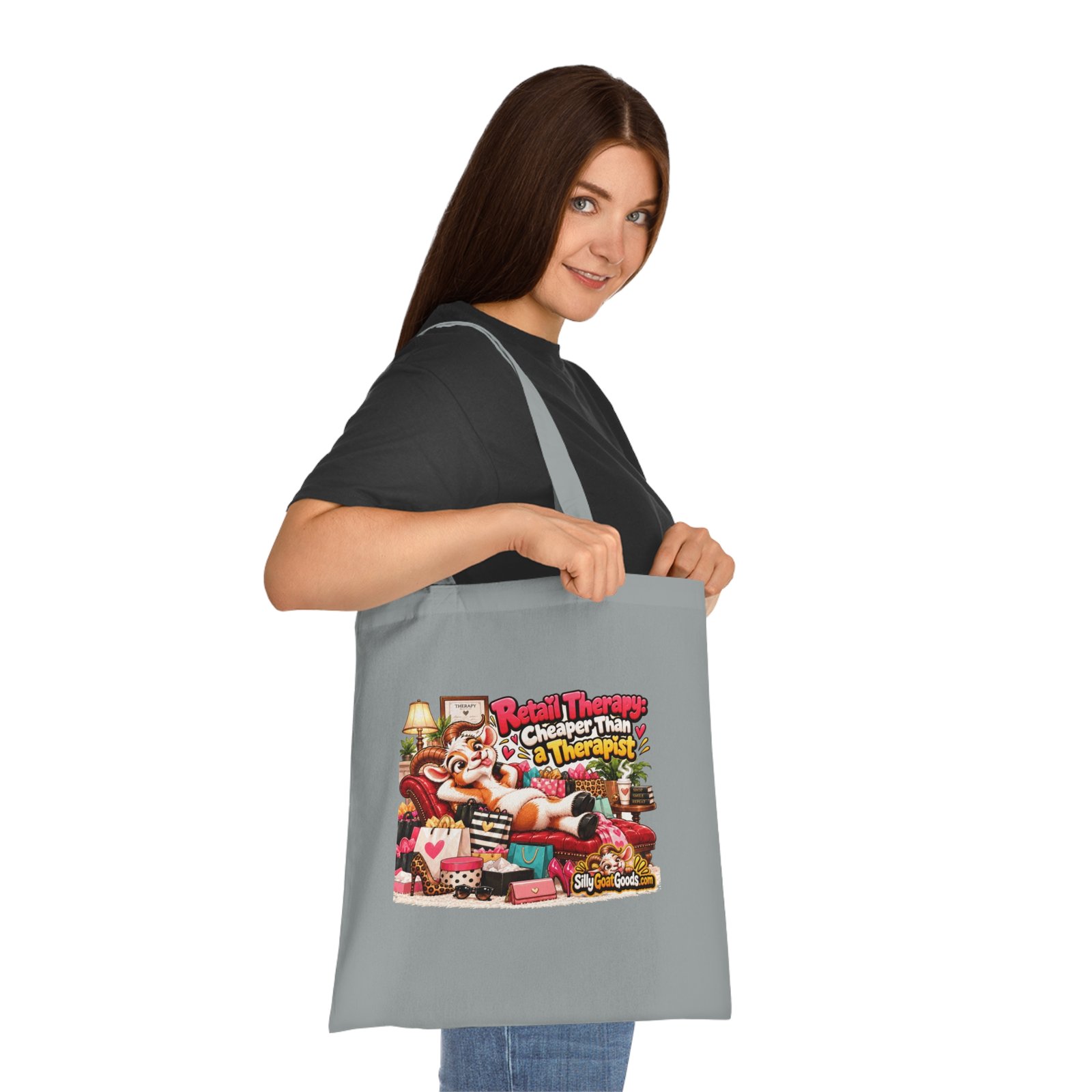 Retail Therapy: Cheaper Than a Therapist Tote Bag, Funny Goat Cotton Shopping Bag, Shopaholic Gift, Gift for Her - Image 5