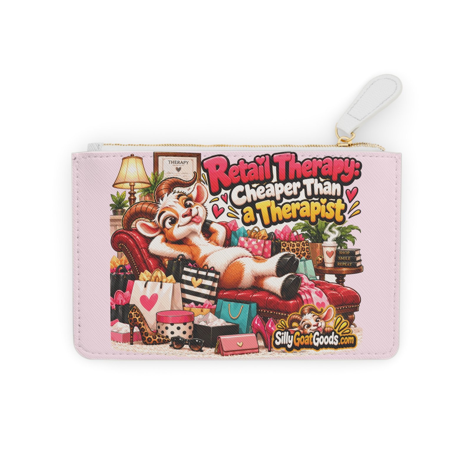 Retail Therapy: Cheaper Than a Therapist Mini Clutch Bag, Funny Goat Zip Purse Makeup Bag, Shopaholic Gift, Gift for Her