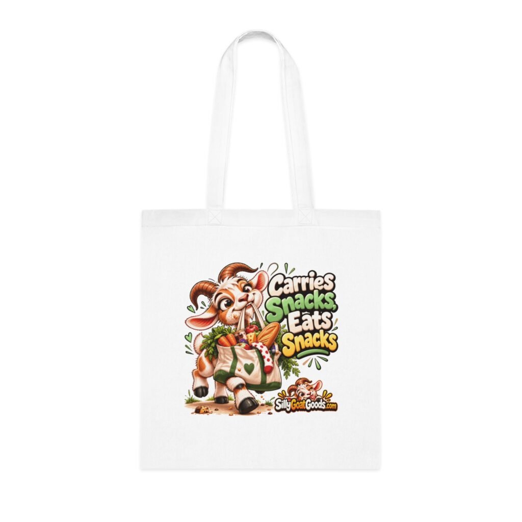Carries Snacks, Eats Snacks Tote Bag, Funny Goat Cotton Shopping Bag, Snack Lover Gift, Gift for Her
