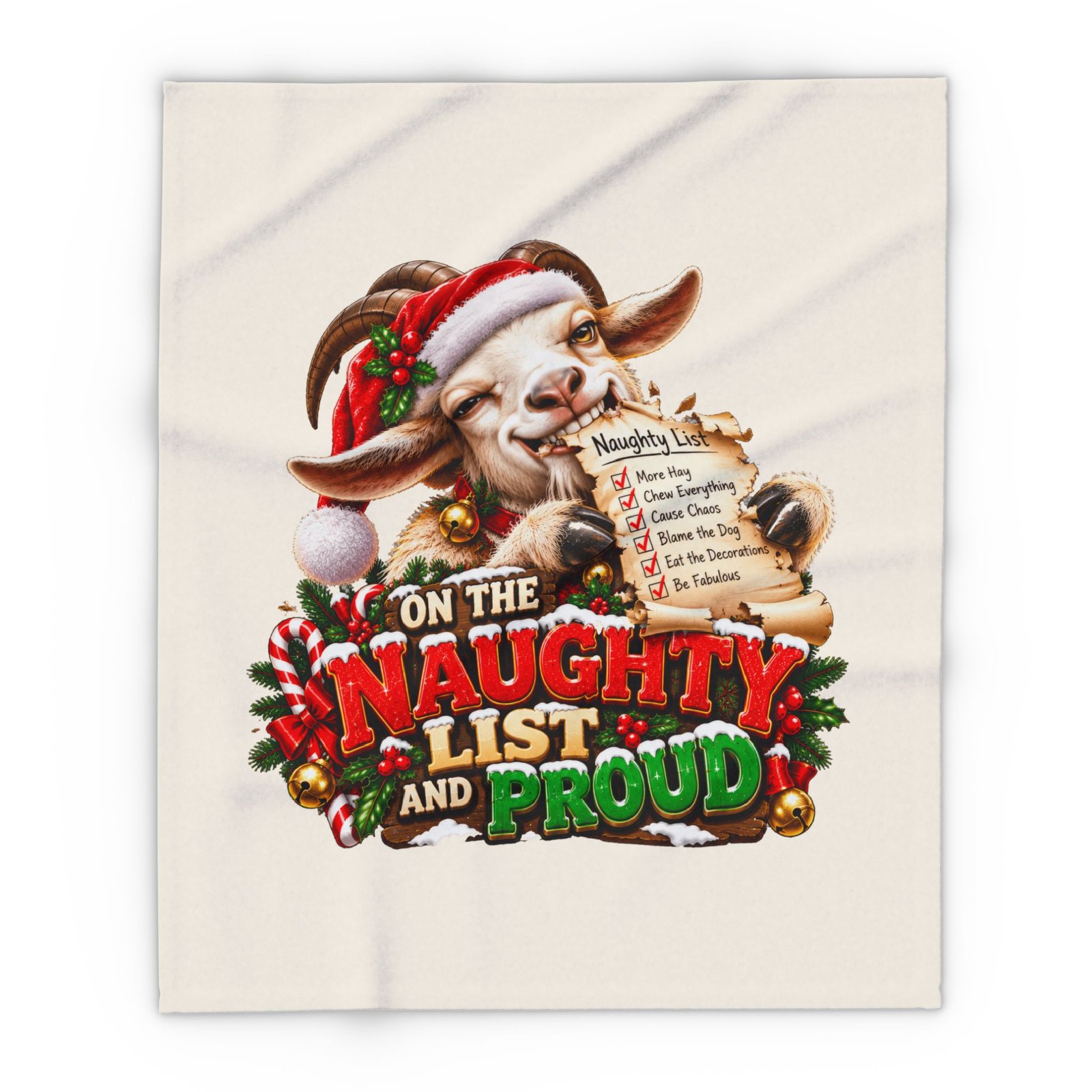 On The Naughty List And Proud Christmas Blanket, Funny Goat Fleece Throw, Festive Sofa Blanket, Christmas Gift, Goat Lover Gift - Image 7