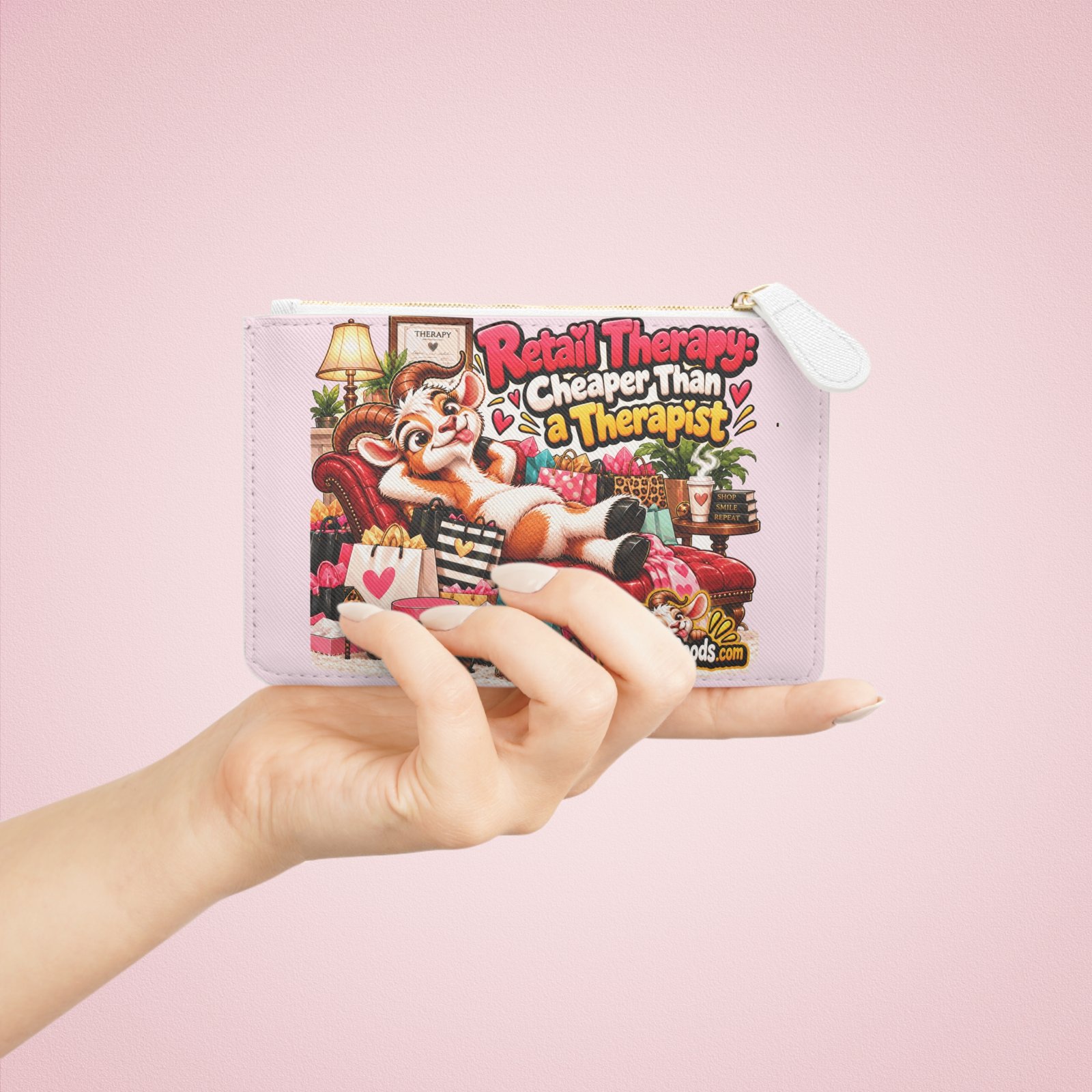 Retail Therapy: Cheaper Than a Therapist Mini Clutch Bag, Funny Goat Zip Purse Makeup Bag, Shopaholic Gift, Gift for Her - Image 4