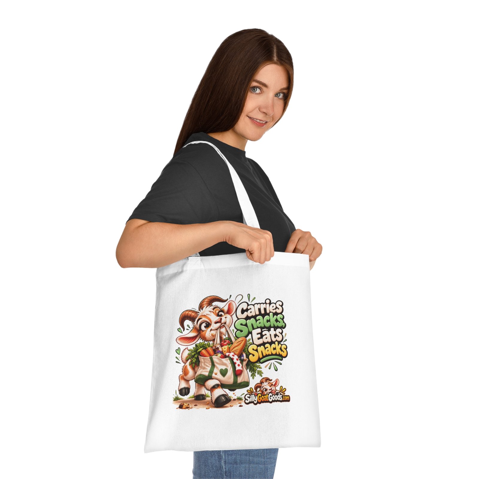 Carries Snacks, Eats Snacks Tote Bag, Funny Goat Cotton Shopping Bag, Snack Lover Gift, Gift for Her - Image 2