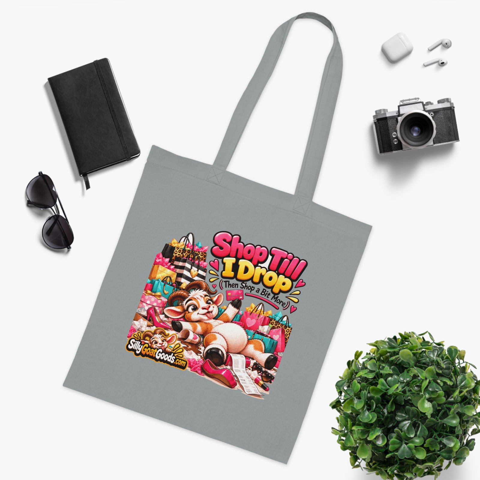 Shop Till I Drop (Then Shop a Bit More) Tote Bag, Funny Goat Cotton Shopping Bag, Shopaholic Gift, Gift for Her - Image 6
