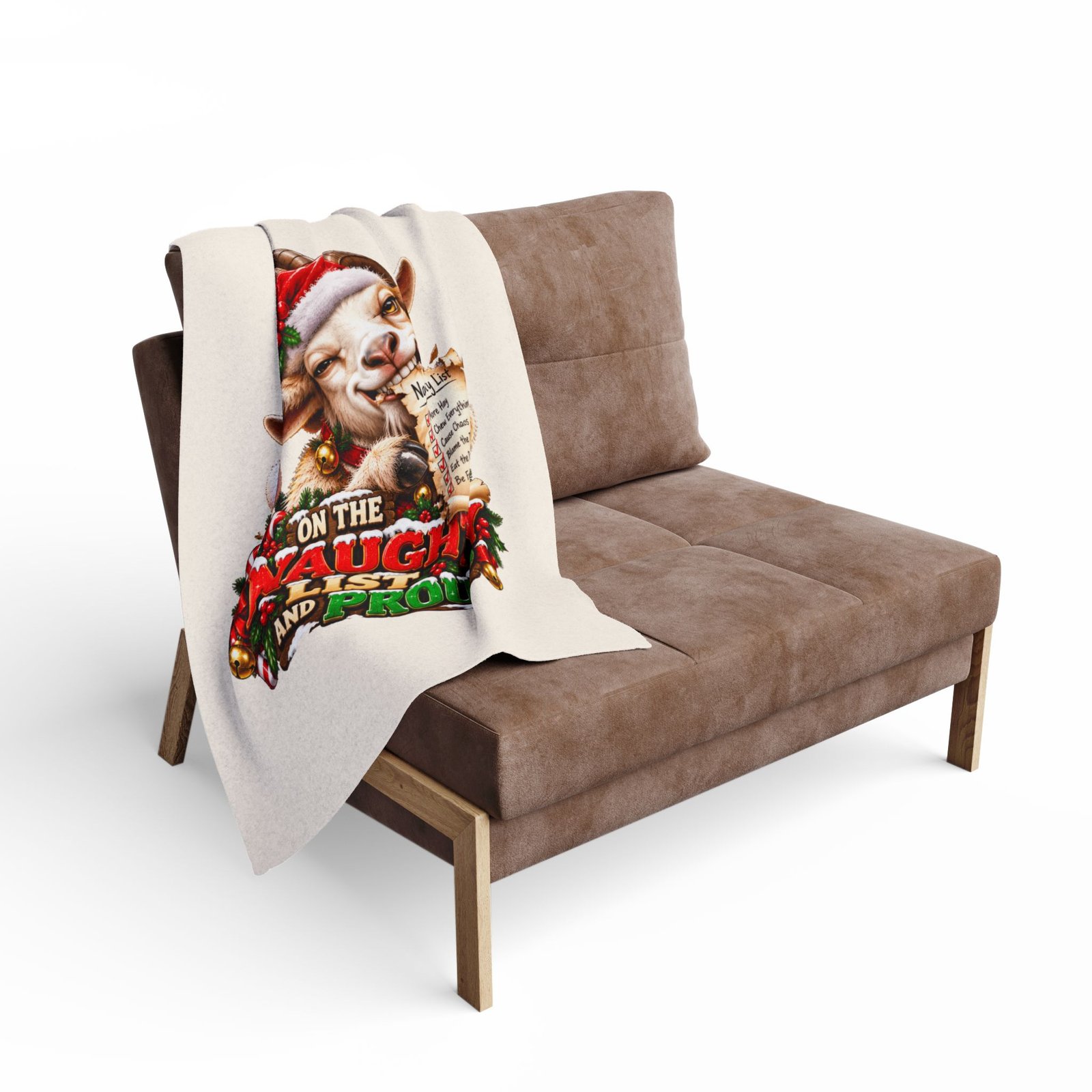 On The Naughty List And Proud Christmas Blanket, Funny Goat Fleece Throw, Festive Sofa Blanket, Christmas Gift, Goat Lover Gift - Image 4