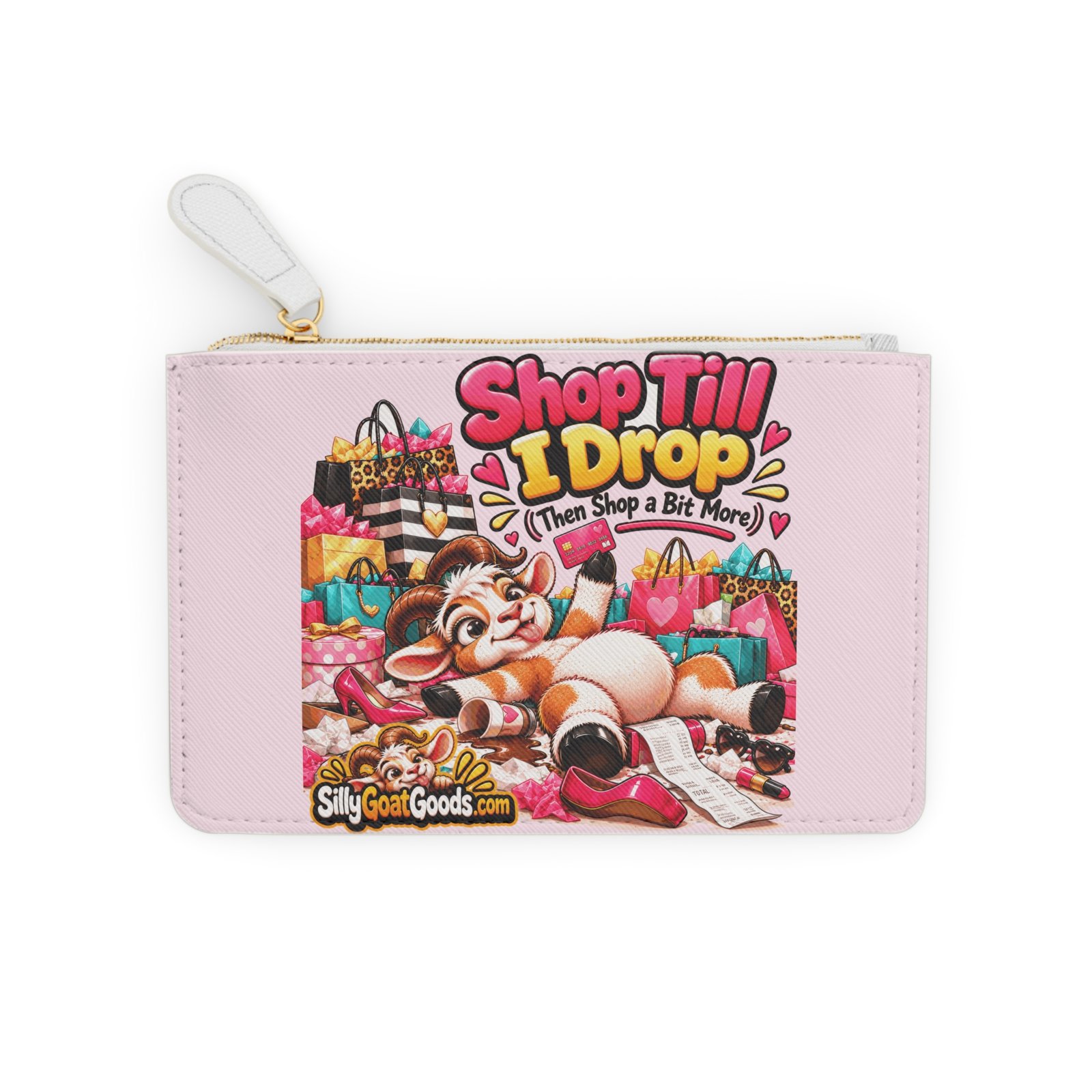 Shop Till I Drop (Then Shop a Bit More) Mini Clutch Bag, Funny Goat Zip Purse Makeup Bag, Shopaholic Gift, Gift for Her - Image 2