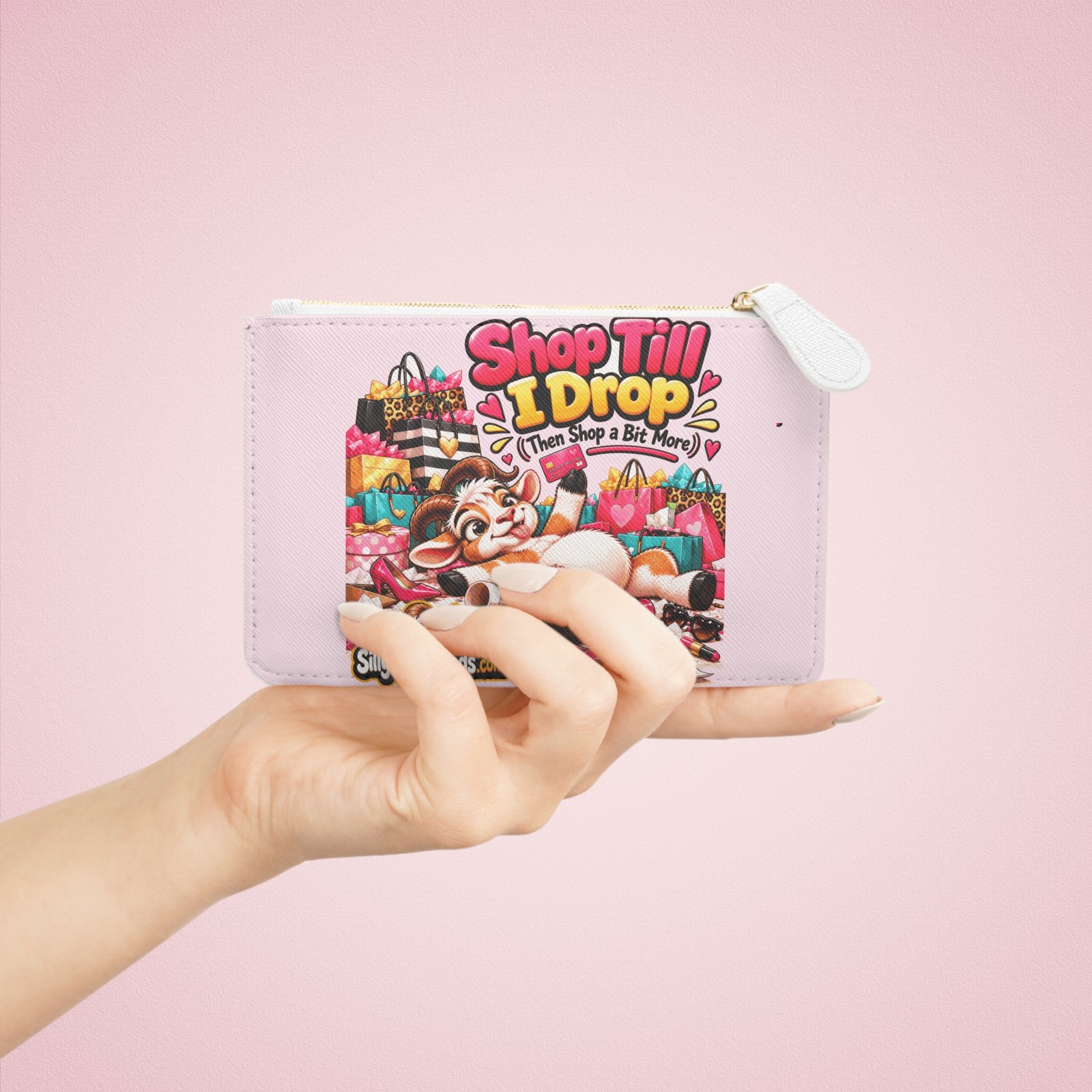 Shop Till I Drop (Then Shop a Bit More) Mini Clutch Bag, Funny Goat Zip Purse Makeup Bag, Shopaholic Gift, Gift for Her - Image 4