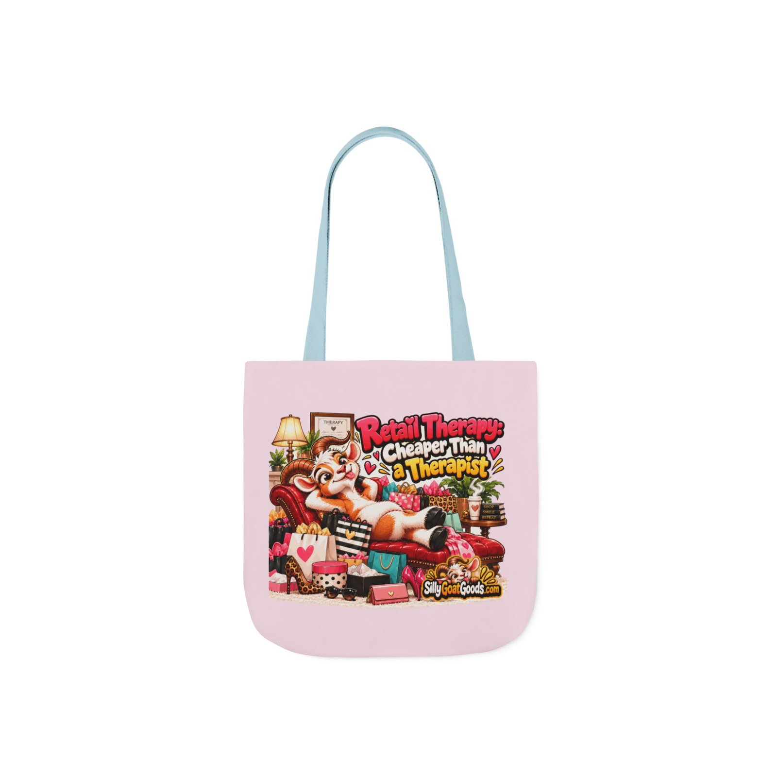 Retail Therapy: Cheaper Than a Therapist Canvas Tote Bag, Funny Goat Coloured Strap Tote, Shopaholic Gift, Gift for Her - Image 5