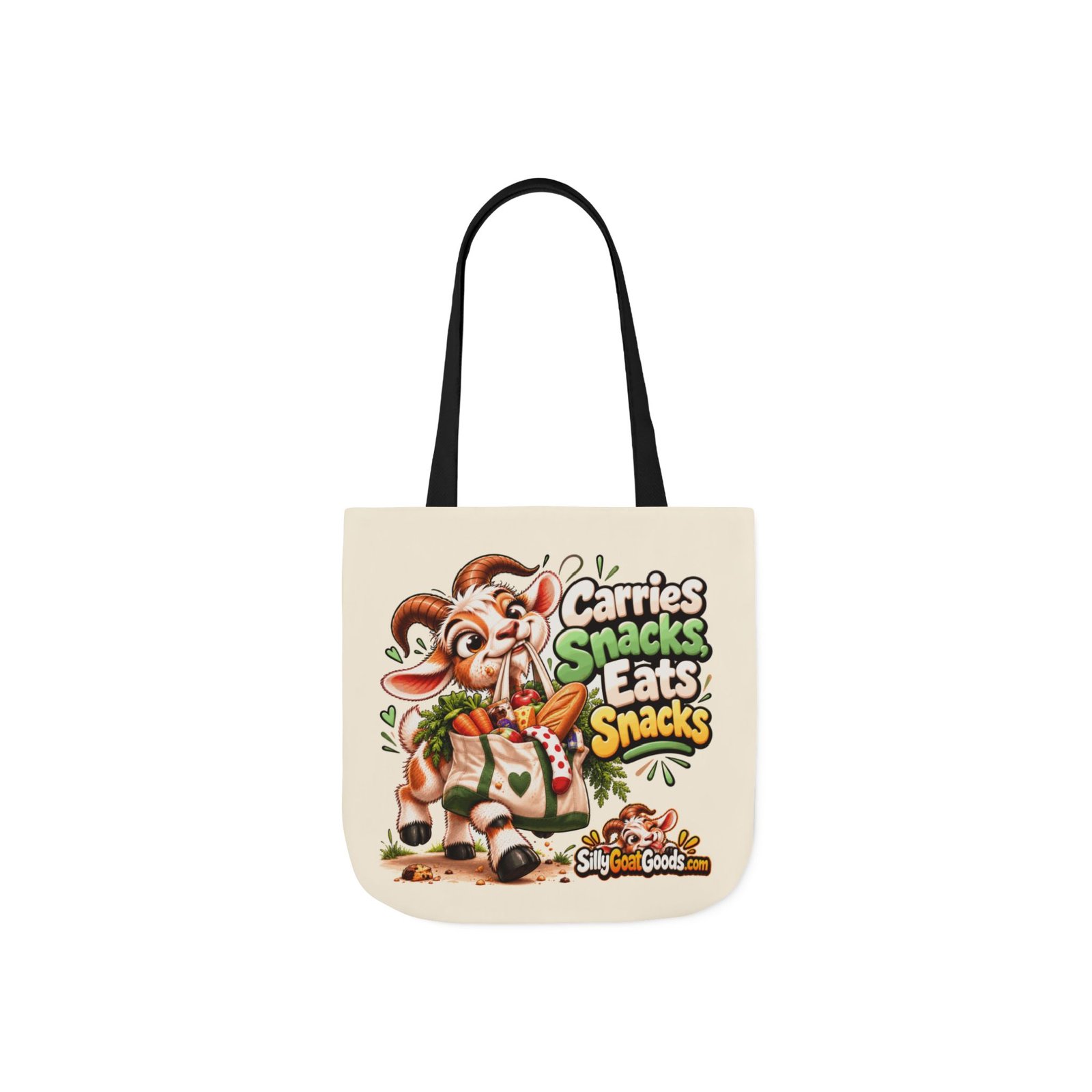 Carries Snacks, Eats Snacks Canvas Tote Bag, Funny Goat Coloured Strap Tote, Snack Lover Gift, Gift for Her - Image 3