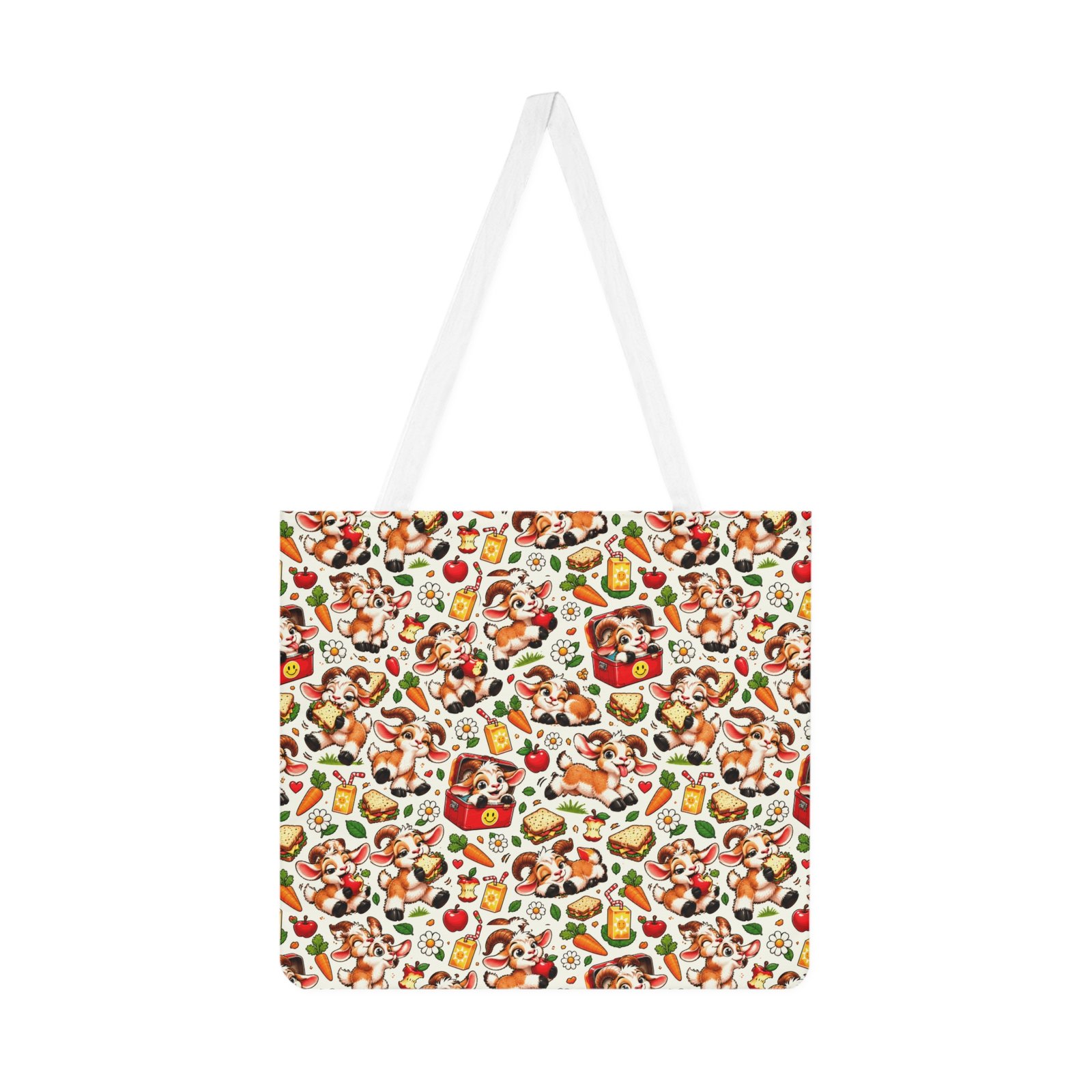 Goat Lunch Pattern Shoulder Tote Bag, Funny Goat All Over Print Cotton Bag, Snack Lover Gift, Gift for Her