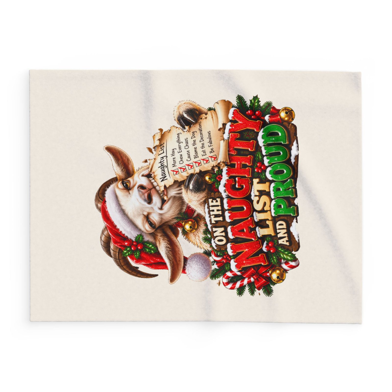 On The Naughty List And Proud Christmas Blanket, Funny Goat Fleece Throw, Festive Sofa Blanket, Christmas Gift, Goat Lover Gift - Image 2