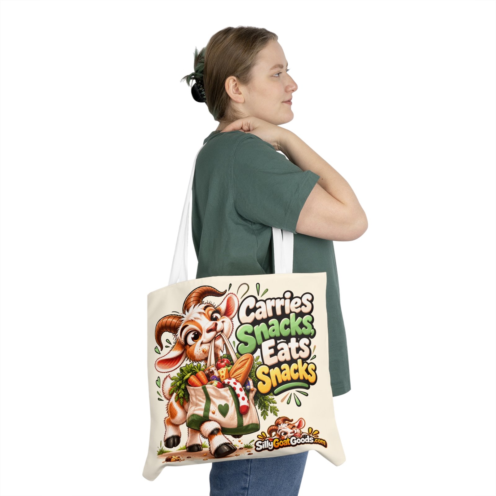 Carries Snacks, Eats Snacks Shoulder Tote Bag, Funny Goat All Over Print Cotton Bag, Snack Lover Gift, Gift for Her - Image 3