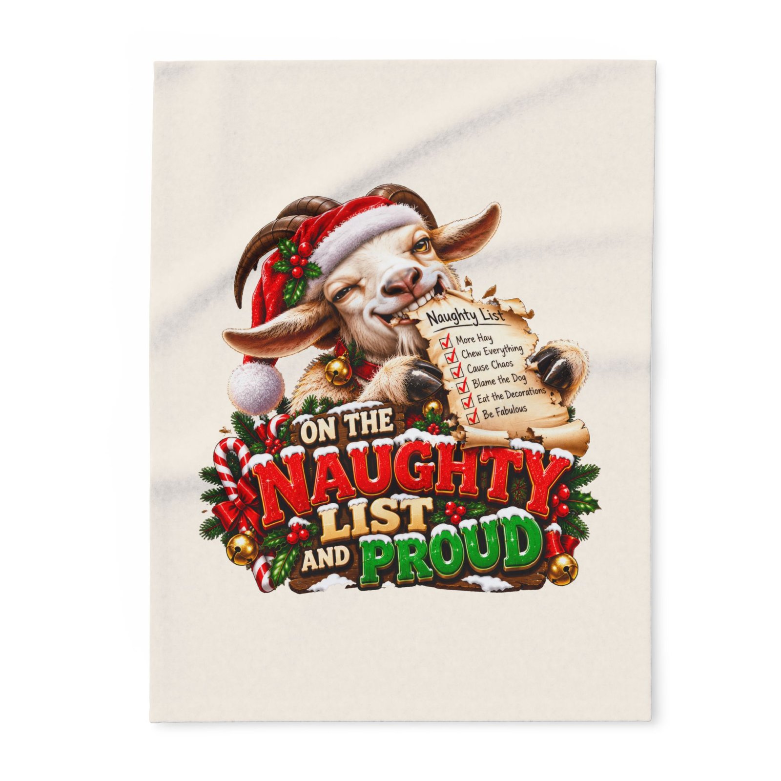 On The Naughty List And Proud Christmas Blanket, Funny Goat Fleece Throw, Festive Sofa Blanket, Christmas Gift, Goat Lover Gift