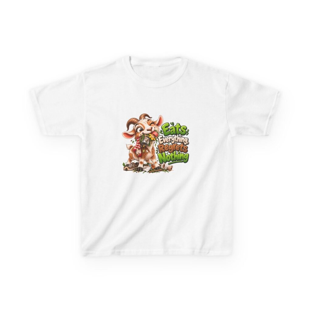 Eats Everything Regrets Nothing Kids T-Shirt, Funny Goat Kids Tee, Cheeky Children's Shirt, Kids Birthday Gift, Girls Boys Funny Tee